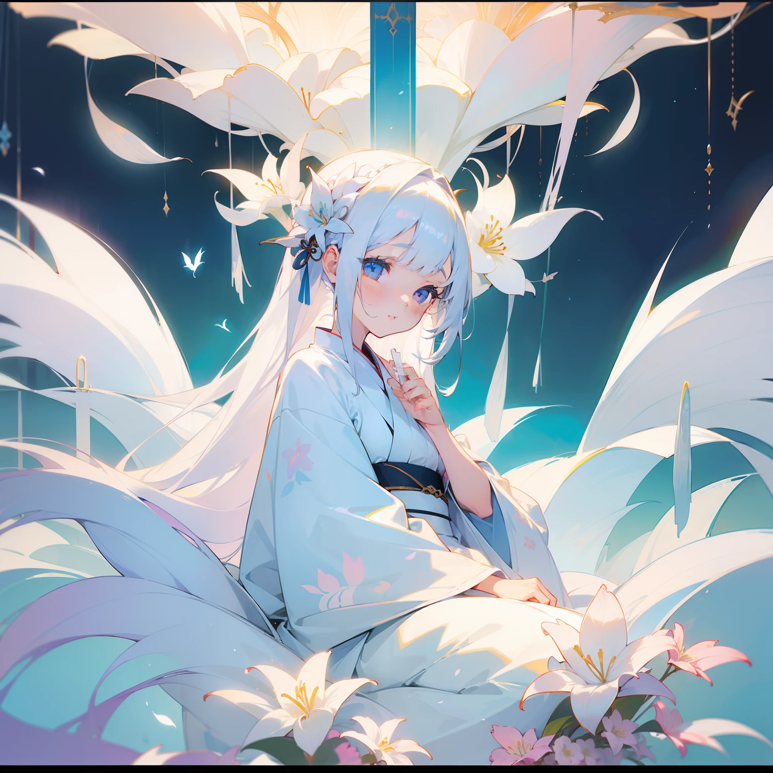 (Beautifully Aesthetic:1.2)、(1girl in:1.3)、(White colorful hair:1.2)、Wearing a colorful white kimono、lily flowers、Beautiful fece、Fantastical、chaste、dignity、Innocence、noble、glorias、