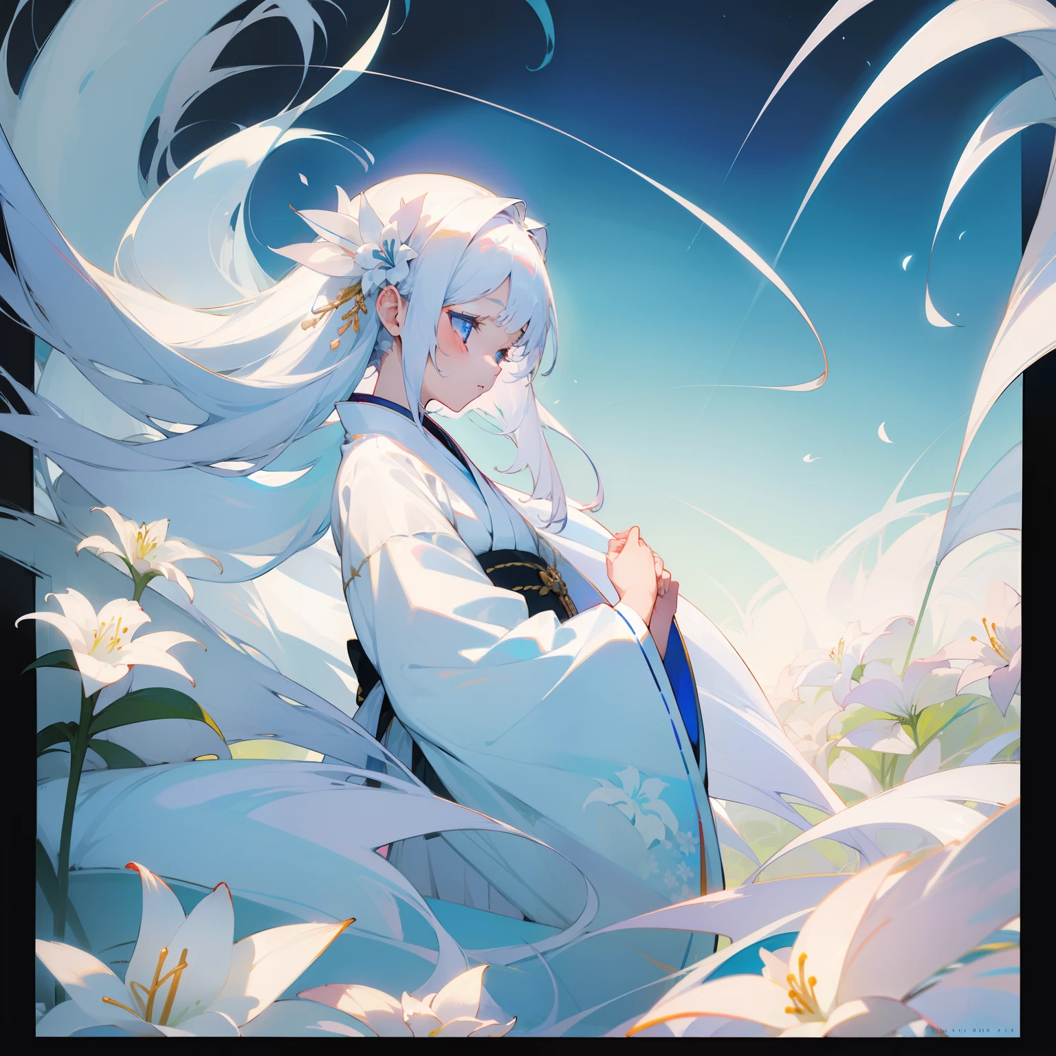 (Beautifully Aesthetic:1.2)、(1girl in:1.3)、(White colorful hair:1.2)、Wearing a colorful white kimono、lily flowers、Beautiful fece、Fantastical、chaste、dignity、Innocence、noble、glorias、