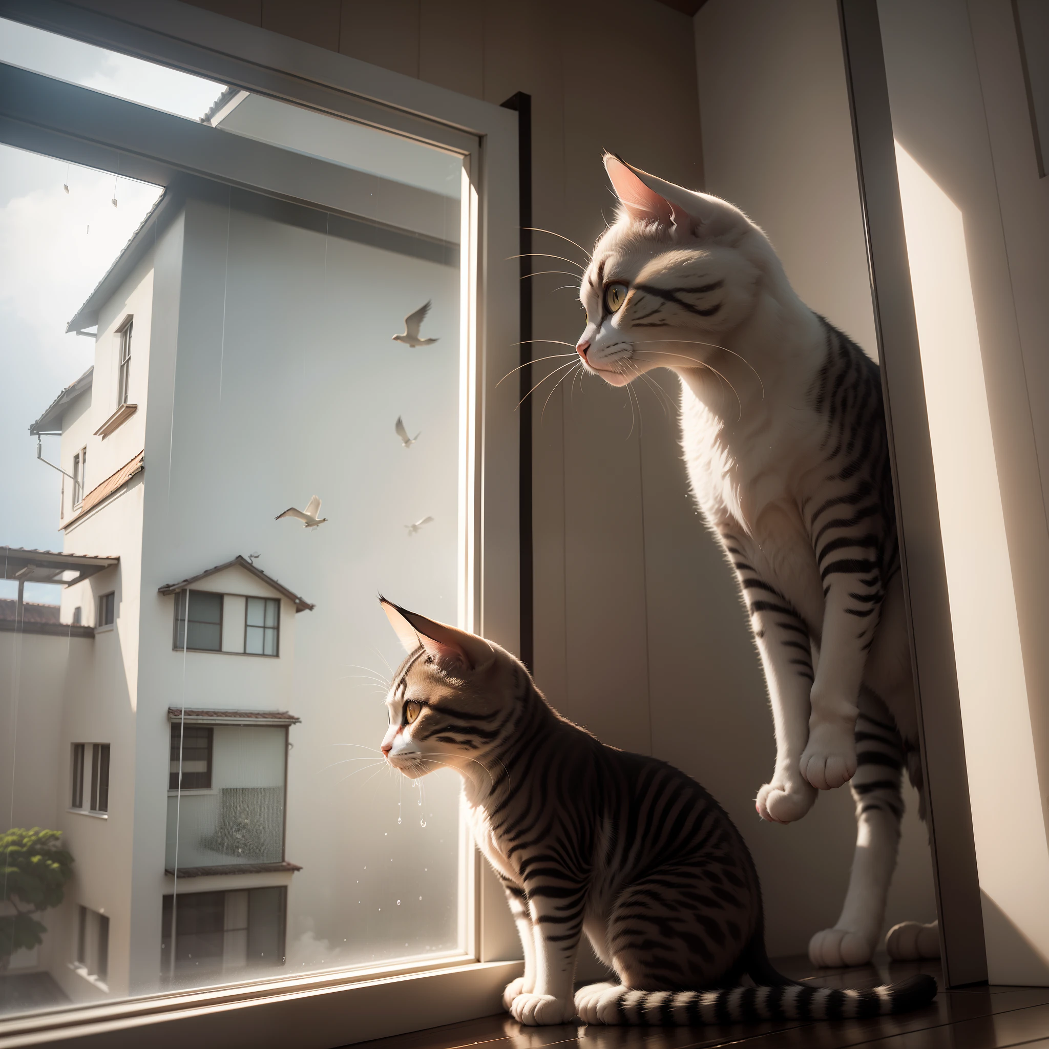 "um gato, cinza e branco, sentado na grande janela, with the glazing open, observando a chuva caindo suavemente, wetting the kitten's head, while watching the birds flying in the rain."