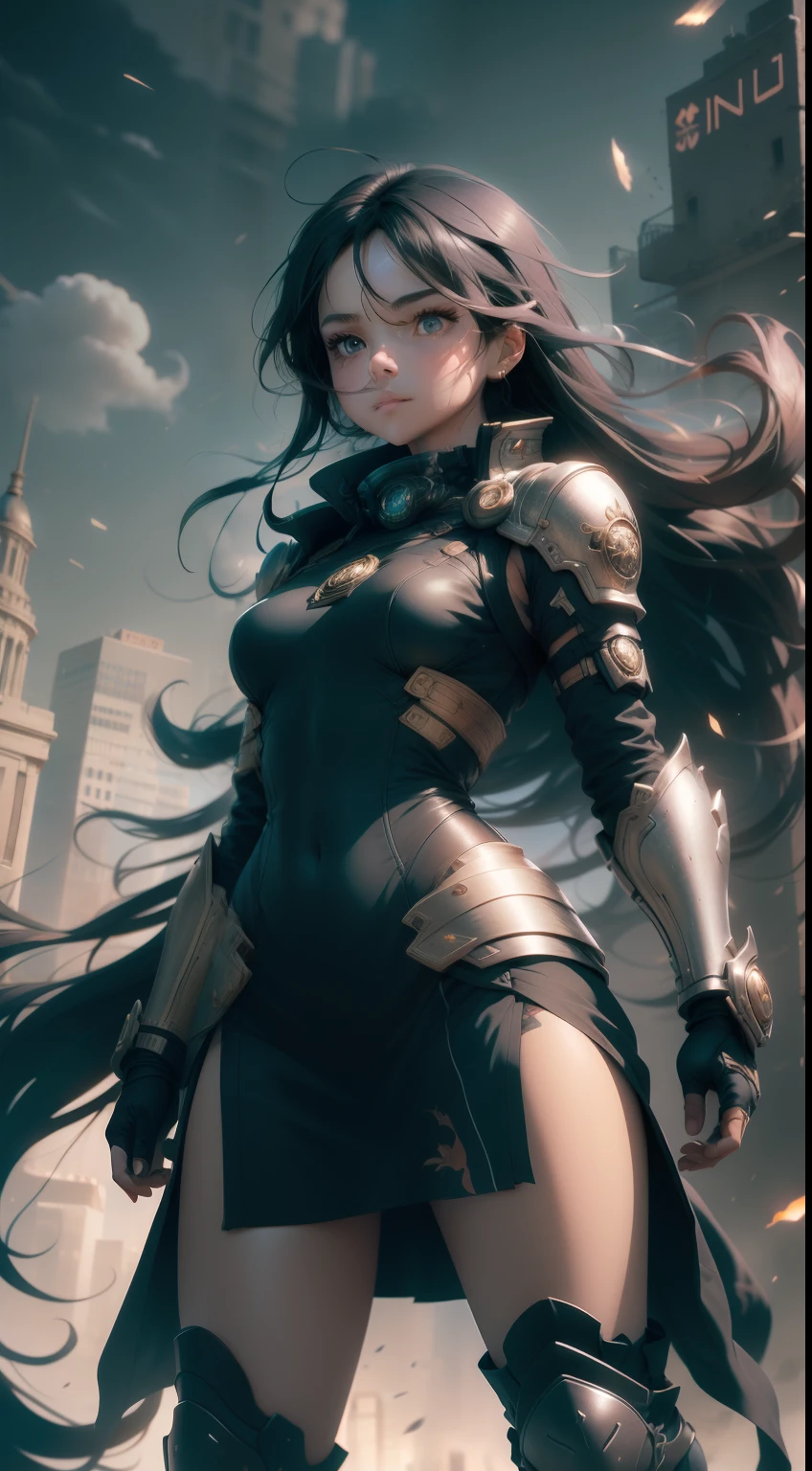 An adult female in a city，Has long and silky black hair in messy layers, Warm brown eyes reflect compassion and kindness. Her confident demeanor and elegant figure exude elegance，Stand in front of an impressive city background. Wear a delicate dark brown office dress and gladiator heels, Face the winds and weather of the apocalypse，She remains steadfast. Realistic imagery captures her captivating presence in the midst of chaos, Sparkling eyes draw viewers into a compelling visual narrative of strength and determination.