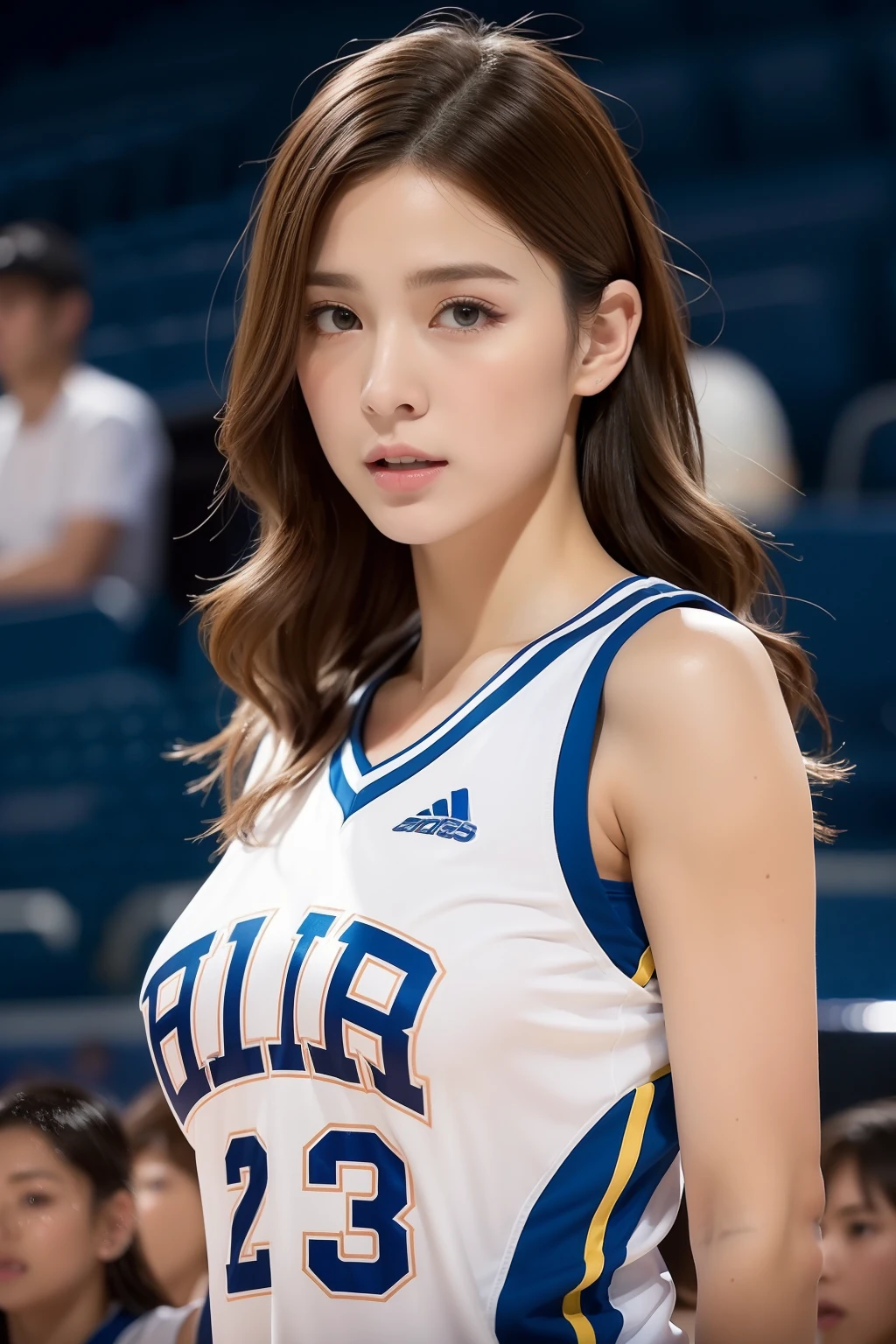 ((Top Quality, 8k, Masterpiece: 1.3)), Perfect Body Beauty: 1.4, Beautiful Woman, 1 Woman, (huge breasts:1.3), (Basketball Uniform: 1.2, Wet Body), Toned Abs, Dark Brown Hair, Ultra Detailed Face, Detailed Lips, Detailed Eyes, Double Eyelids, Sit on the ground, crotch open, seducing with sexual expression, BREAK Inside the Stadium, asketballstadium, asketball field, Blur background:1.3,
