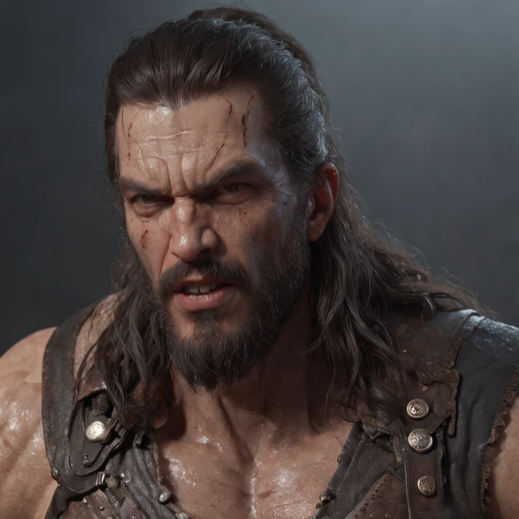 (professional 3d render:1.3) af (Realistic:1.3) most beautiful artwork photo in the world，Features soft and shiny male heroes, ((Epic hero fantasy muscle man rough wet hero angry look long hair short beard and ferocious expression in dynamic pose, Fantastic location, Majestic cluttered environment)), full body 8k unity render, action  shot, skin pore, very dark lighting, heavyshading, Detailed, Detailed face, (vibrant, photograph realistic, Realistic, Dramatic, Dark, Sharp focus, 8K), (Old leather garments damaged by weathering:1.4), ((((Wear fur)))), (Intricate:1.4), decadent, (Highly detailed:1.4), Digital painting, rendering by octane, art  stations, concept-art, smooth, Sharp focus, illustration, Art germ, (loish:0.23), wlop ilya kuvshinov, and greg rutkowski and alphonse mucha gracias, (Global illumination, Studio light, volumettic light), heavy rain, particles floating, lotr, fantasy, elf, full bodyesbian, ((Dark and ancient city background:1.3)),CGSesociety,art  stations