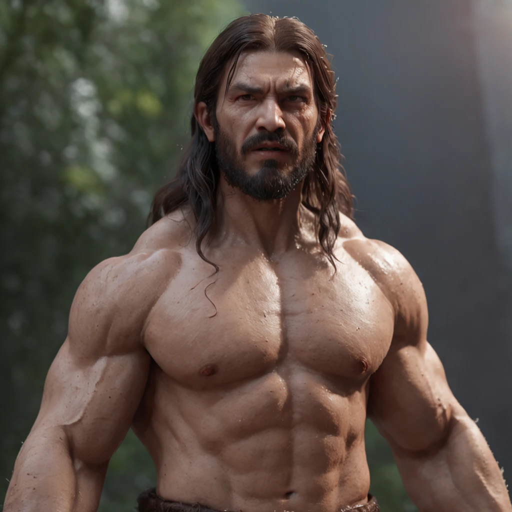 (professional 3d render:1.3) af (Realistic:1.3) most beautiful artwork photo in the world，Features soft and shiny male heroes, ((Epic hero fantasy muscle man rough wet hero angry look long hair short beard and ferocious expression in dynamic pose, Fantastic location, Majestic cluttered environment)), full body 8k unity render, action  shot, skin pore, very dark lighting, heavyshading, Detailed, Detailed face, (vibrant, photograph realistic, Realistic, Dramatic, Dark, Sharp focus, 8K), (Old leather garments damaged by weathering:1.4), ((((Wear fur)))), (Intricate:1.4), decadent, (Highly detailed:1.4), Digital painting, rendering by octane, art  stations, concept-art, smooth, Sharp focus, illustration, Art germ, (loish:0.23), wlop ilya kuvshinov, and greg rutkowski and alphonse mucha gracias, (Global illumination, Studio light, volumettic light), heavy rain, particles floating, lotr, fantasy, elf, full bodyesbian, ((Dark and ancient city background:1.3)),CGSesociety,art  stations