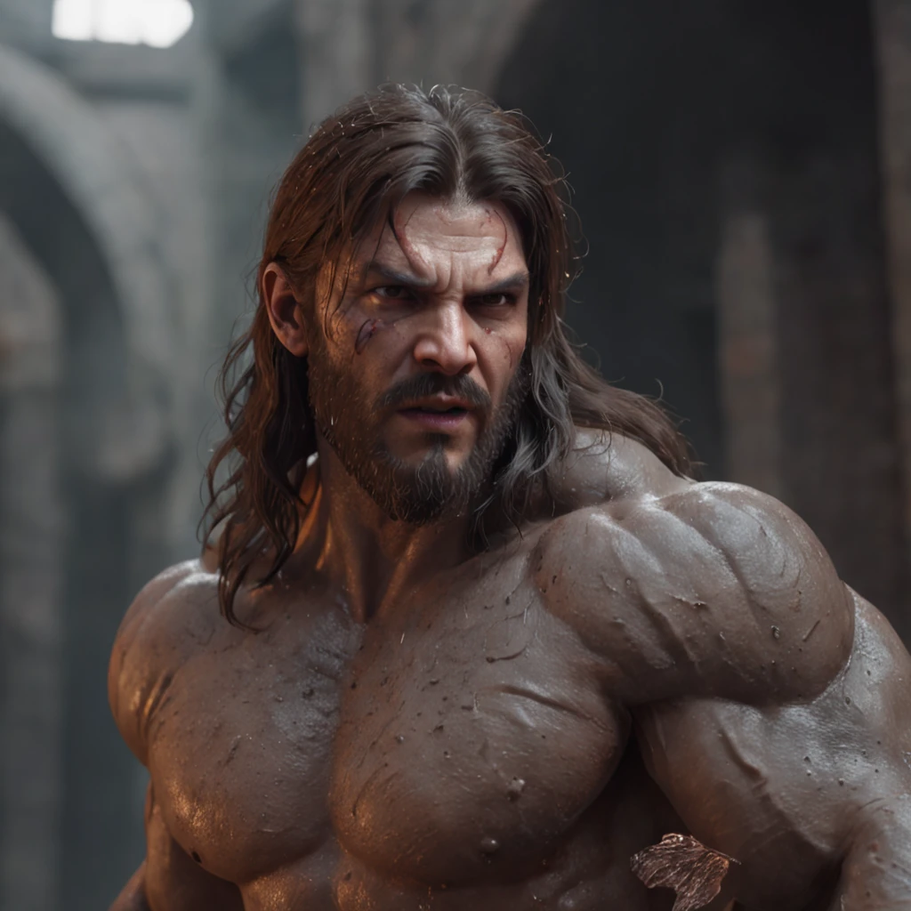 (professional 3d render:1.3) af (Realistic:1.3) most beautiful artwork photo in the world,Features soft and shiny male heroes, ((Epic hero fantasy muscle man rough wet hero angry look long hair short beard and ferocious expression in dynamic pose, Fantastic location, Majestic cluttered environment)), full body 8k unity render, action shot, skin pore, very dark lighting, heavyshading, Detailed, Detailed face, (vibrant, photograph realistic, Realistic, Dramatic, Dark, Sharp focus, 8K), (Old leather garments damaged by weathering:1.4), ((((Wear fur)))), (Intricate:1.4), decadent, (Highly detailed:1.4), Digital painting, rendering by octane, art stations, concept-art, smooth, Sharp focus, illustration, Art germ, (loish:0.23), wlop ilya kuvshinov, and greg rutkowski and alphonse mucha gracias, (Global illumination, Studio light, volumettic light), heavy rain, particles floating, lotr, fantasy, elf, full bodyesbian, ((Dark and ancient city background:1.3)),CGSesociety,art stations