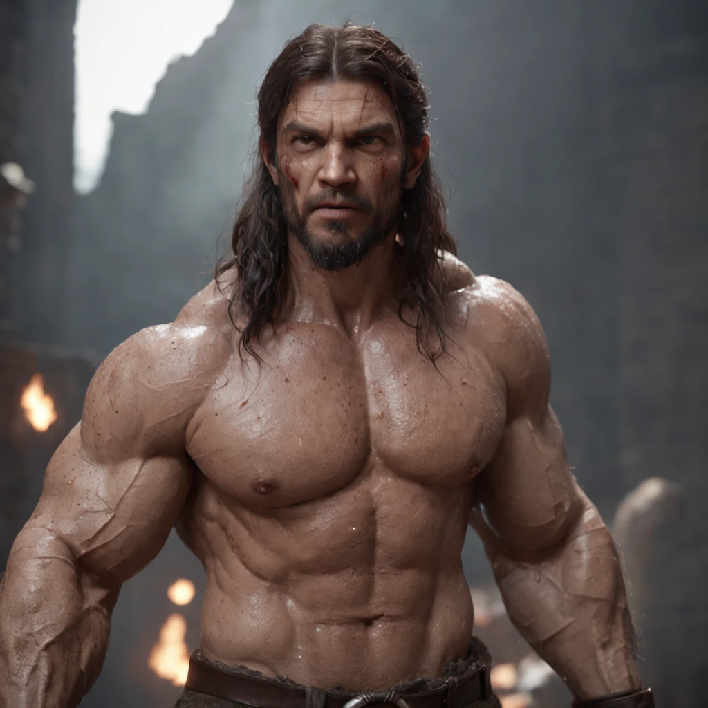(professional 3d render:1.3) af (Realistic:1.3) most beautiful artwork photo in the world,Features soft and shiny male heroes, ((Epic hero fantasy muscle man rough wet hero angry look long hair short beard and ferocious expression in dynamic pose, Fantastic location, Majestic cluttered environment)), full body 8k unity render, action shot, skin pore, very dark lighting, heavyshading, Detailed, Detailed face, (vibrant, photograph realistic, Realistic, Dramatic, Dark, Sharp focus, 8K), (Old leather garments damaged by weathering:1.4), ((((Wear fur)))), (Intricate:1.4), decadent, (Highly detailed:1.4), Digital painting, rendering by octane, art stations, concept-art, smooth, Sharp focus, illustration, Art germ, (loish:0.23), wlop ilya kuvshinov, and greg rutkowski and alphonse mucha gracias, (Global illumination, Studio light, volumettic light), heavy rain, particles floating, lotr, fantasy, elf, full bodyesbian, ((Dark and ancient city background:1.3)),CGSesociety,art stations
