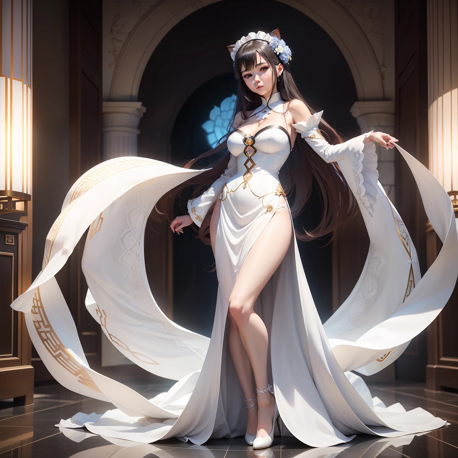 Arad woman posing for photo in white dress and blue blouse, Anime girl cosplay, Anime cosplay, cosplay, elegant glamourous cosplay, Anime goddess, inspired by Leng Mei, full-body xianxia, Korean goddess, Gorgeous Role Play, cosplay foto, anime figure; Full-body art, cosplay of a catboy! maid! dress, glamourous cosplay