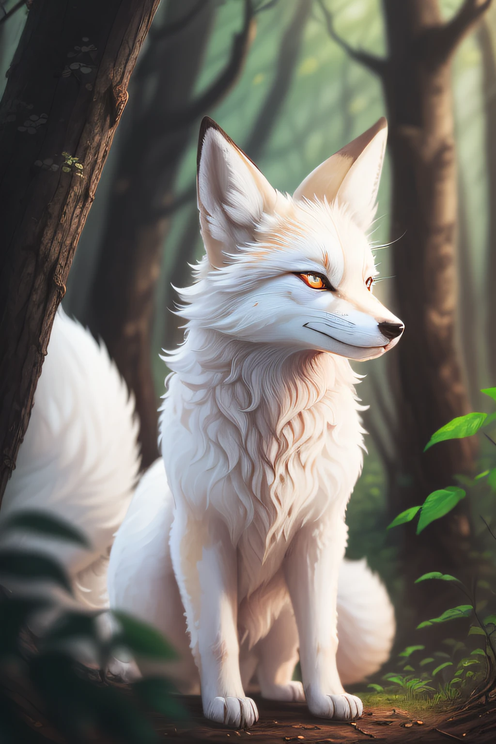 illustration,In the woods,A furry nine-tailed white fox appeared,It has a small head and a refreshed temperament,The eyes are deep and mysterious。It has nine separate tails,Full of oriental charm。The picture presents a distant view,Sideways is visible all over the body,Use ultra-wide angle shooting。