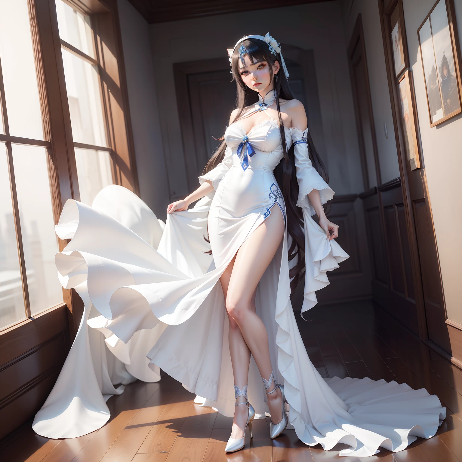 Arad woman posing for photo in white dress and blue blouse, Anime girl cosplay, Anime cosplay, cosplay, elegant glamourous cosplay, Anime goddess, inspired by Leng Mei, full-body xianxia, Korean goddess, Gorgeous Role Play, cosplay foto, anime figure; Full-body art, cosplay of a catboy! maid! dress, glamourous cosplay