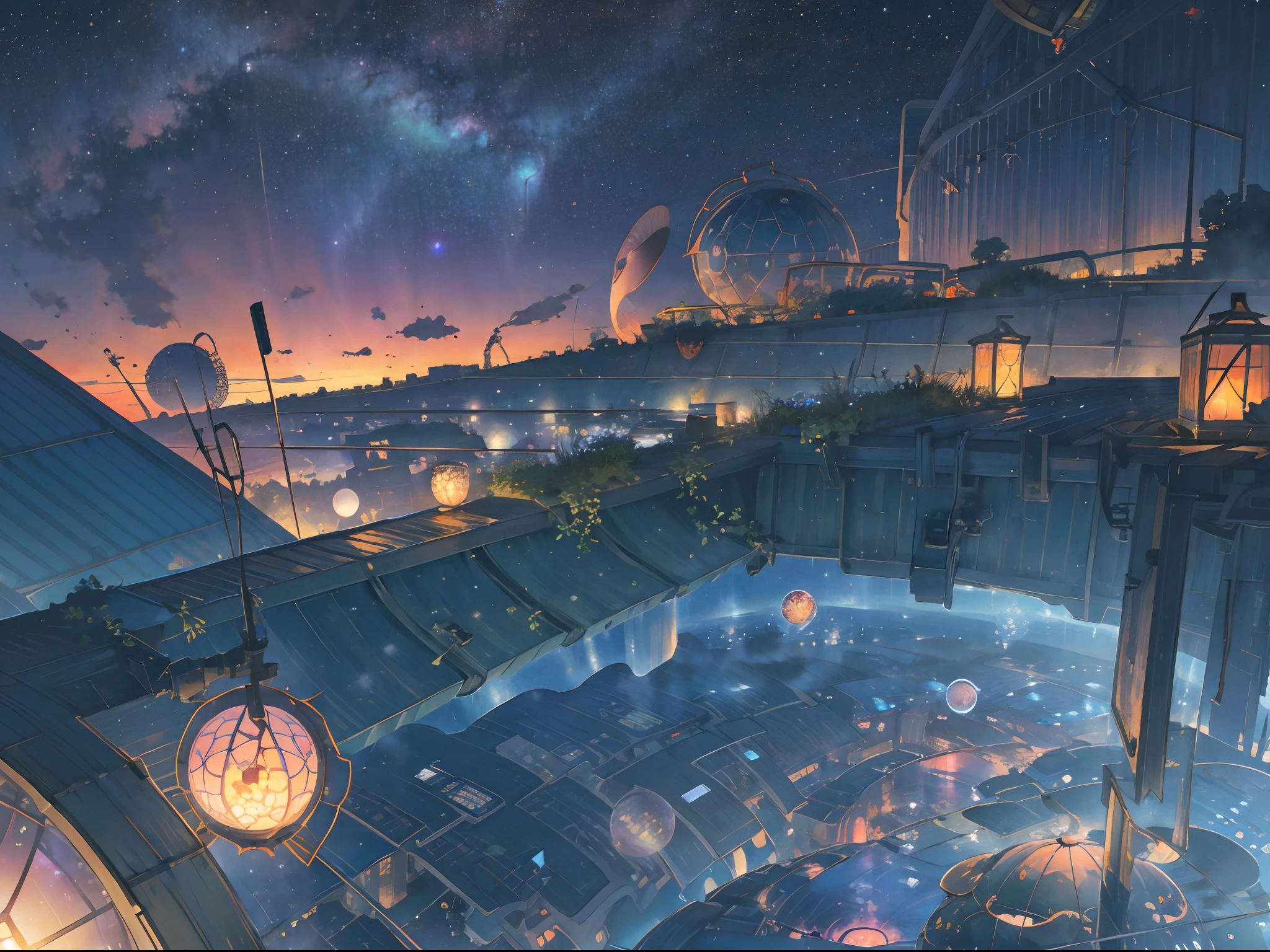 best quality, masterpiece, extremely detailed, detailed background, anime, 1girl, young girl, sci-fi, science fiction, outdoors, night, starry sky, greenhouse, megastructure, bio-dome, landscape, scenery, horizon, rooftop, sitting on rooftop, wind, looking away, atmospheric lighting, solo focus, close up, from side, depth of field, bokeh, lighting balls, floating balls