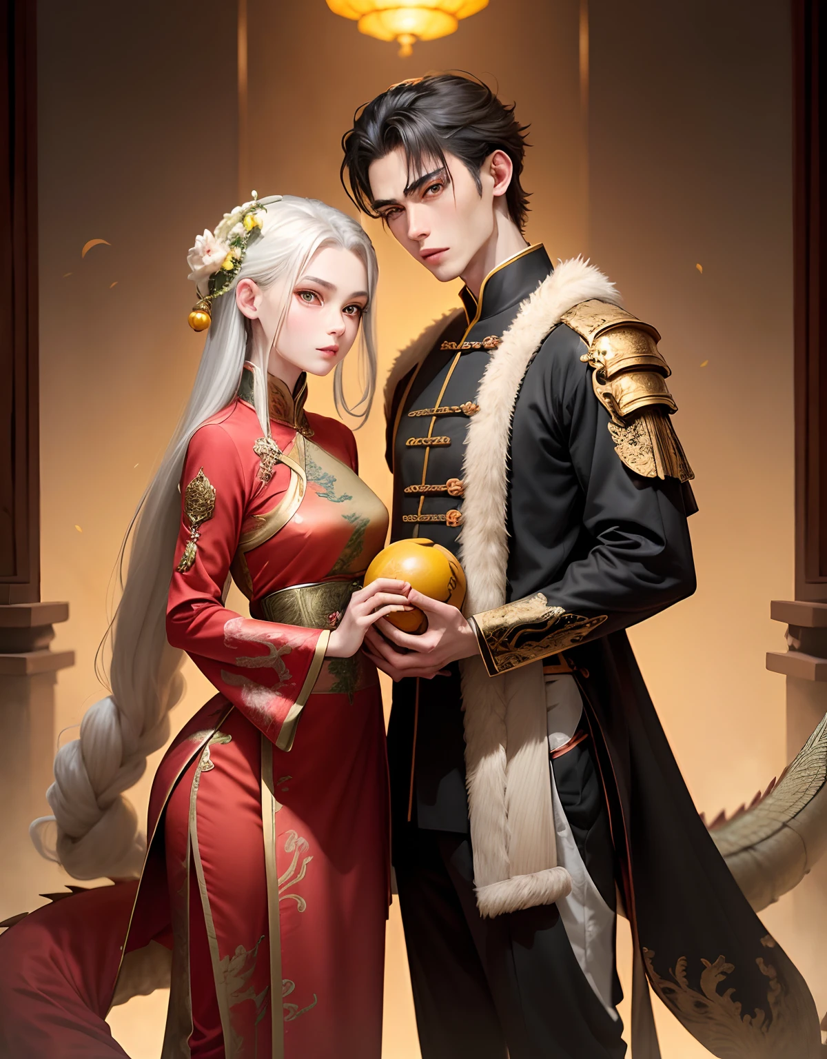 a monkey and a dragon Stand on either side，monkey is 3 years younger than dragon,monkey is a strong and handsome boy,slim figure tall and Delicate face，oval face。dragon is a beautiful girl,Small body， long and gray hair,Yellow to white skin, they hug each other.Brimming with joy。The type of the painting is of ancient Chinese style
