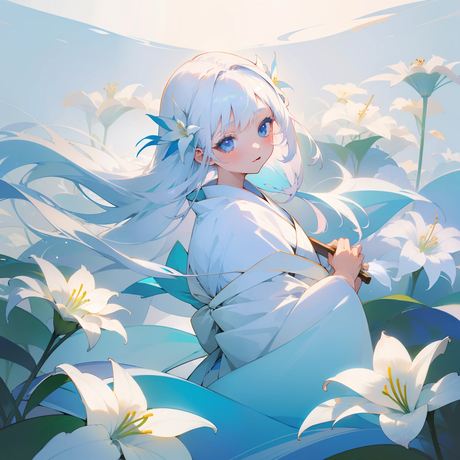 (Beautifully Aesthetic:1.2)、(1girl in:1.3)、(White colorful hair:1.2)、Wearing a colorful white kimono、lily flowers、Beautiful fece、Fantastical、chaste、dignity、Innocence、noble、glorias、