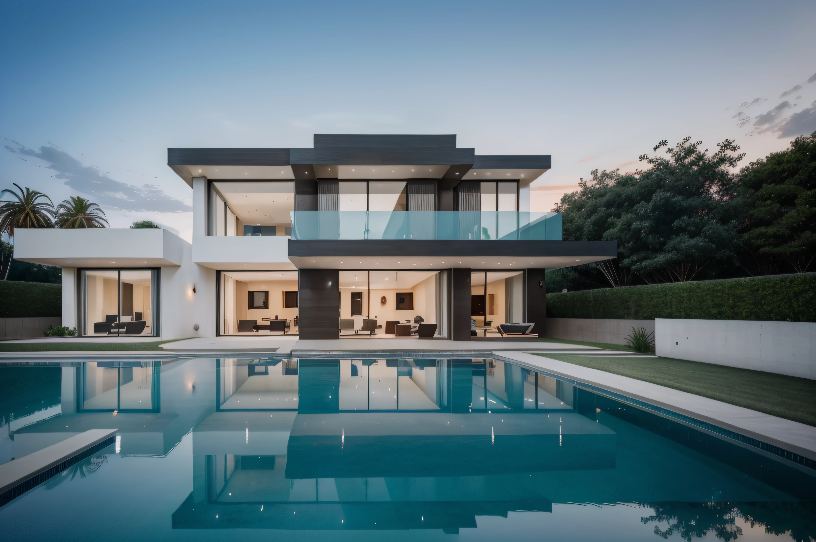 arafed view of a modern house with a pool and lounge chairs, a digital rendering by Seb McKinnon, shutterstock, conceptual art, modern house, modern architecture design, luxury architecture, contemporary house, modern architecture, modern design, modern minimal design, ultra modern, large modern residence, modern setting, futuristic house, luxury lifestyle, contemporary design