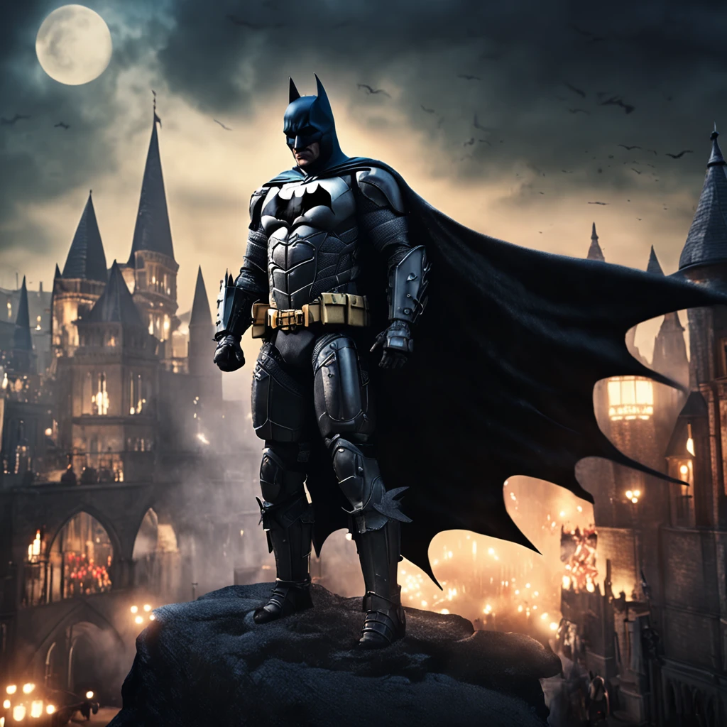 masterpiece, best quality, hd, hyper detailed, epic scenario, batman wearing medieval armor, knight, knight templar suit, at night, epic atmosphere, light fog over city, perfect lighting, 3d render, unreal engine, trending on artstation