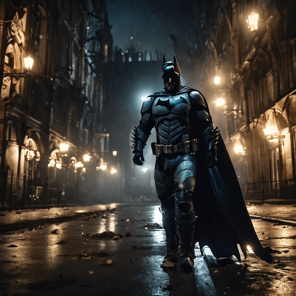 masterpiece, best quality, hd, hyper detailed, epic scenario, batman wearing medieval armor, knight, knight templar suit, at night, epic atmosphere, light fog over city, perfect lighting, 3d render, unreal engine, trending on artstation