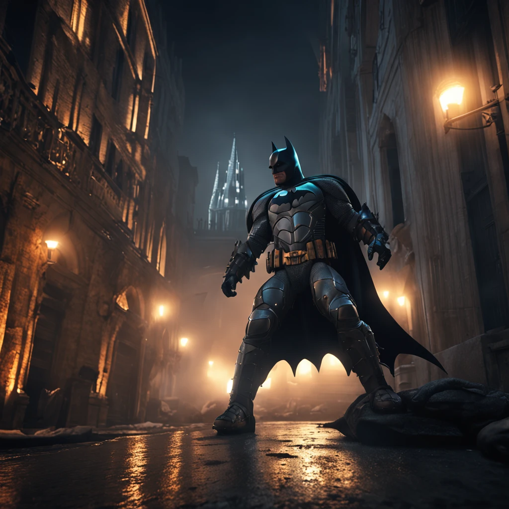 masterpiece, best quality, hd, hyper detailed, epic scenario, batman wearing medieval armor, knight, knight templar suit, at night, epic atmosphere, light fog over city, perfect lighting, 3d render, unreal engine, trending on artstation