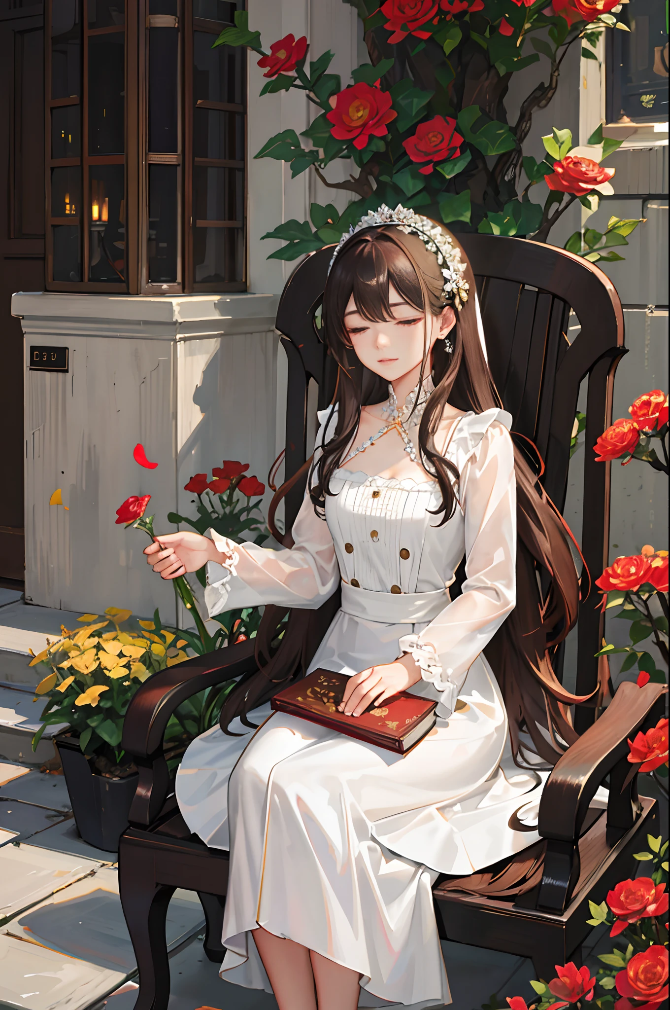 an elegant young woman sitting on a wrought iron bench in the center of a lush garden. The garden should be filled with colorful flowers and greenery, creating a vibrant and serene atmosphere. The woman should have long, flowing brown hair, styled in loose curls that fall gently down her back. She should be wearing a flowing white dress with delicate lace accents, which floats around her as she sits on the bench. In her left hand, the woman should be holding a leather-bound book with gilded pages, as if she were in the middle of reading it. Her right hand should be resting gently on a small, ornate table that is positioned next to the bench. On the table, there should be a vase of freshly cut flowers, with bright red and yellow petals that perfectly complement the surrounding flora. Next to the vase, there should be a small cup of steaming tea, emitting fragrant steam that curls up into the air. The woman should have a serene expression on her face, as if she is completely at peace and enjoying the natural beauty around her. Her eyes should be closed, as if she is savoring the aroma of the flowers and the warm breeze on her skin. The overall image should convey a sense of tranquility and contentment