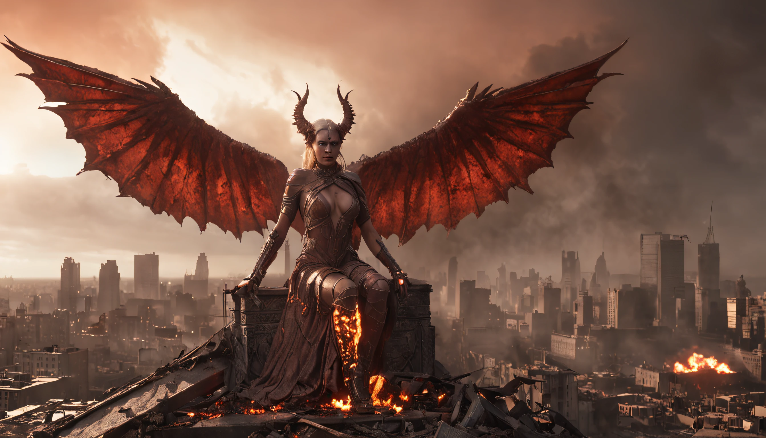 Generate a dark and dramatic image of a fallen goddess, once revered but now consumed by malice and fury. She possesses magnificent and large draconic wings, now wounded, as she lies on the ground amidst the charred and ruined streets of an apocalyptic city engulfed in flames. The composition should be a wide shot, capturing the full scale of the scene. The environment should combine elements of a devastated city with collapsed skyscrapers, an apocalyptic landscape with a reddish-orange sky and engulfed structures, a post-apocalyptic urban desert where nature starts to reclaim, and a nocturnal setting with a moon illuminating the city through ominous clouds. Ensure the goddess is the central focus, utilizing contrasts of light and shadow. Incorporate red and orange tones to create a fiery and desolate atmosphere. Integrate shattered statues and fallen symbols within the ruins to evoke a sense of loss. Enhance the ambiance with drifting smoke and ashes in the air. Populate the background with subtle silhouettes of onlookers, gazing in awe or fear. Add glimmers of light to accentuate the texture and radiance of her wings. The image should have a resolution of 3000x2000 pixels in PNG format with a color depth of 16 bits. Implement a diverse range of details in textures and elements using normal maps. Utilize dynamic lighting techniques to emphasize key aspects of the scene. The virtual camera should have a slight tilt to generate depth and perspective