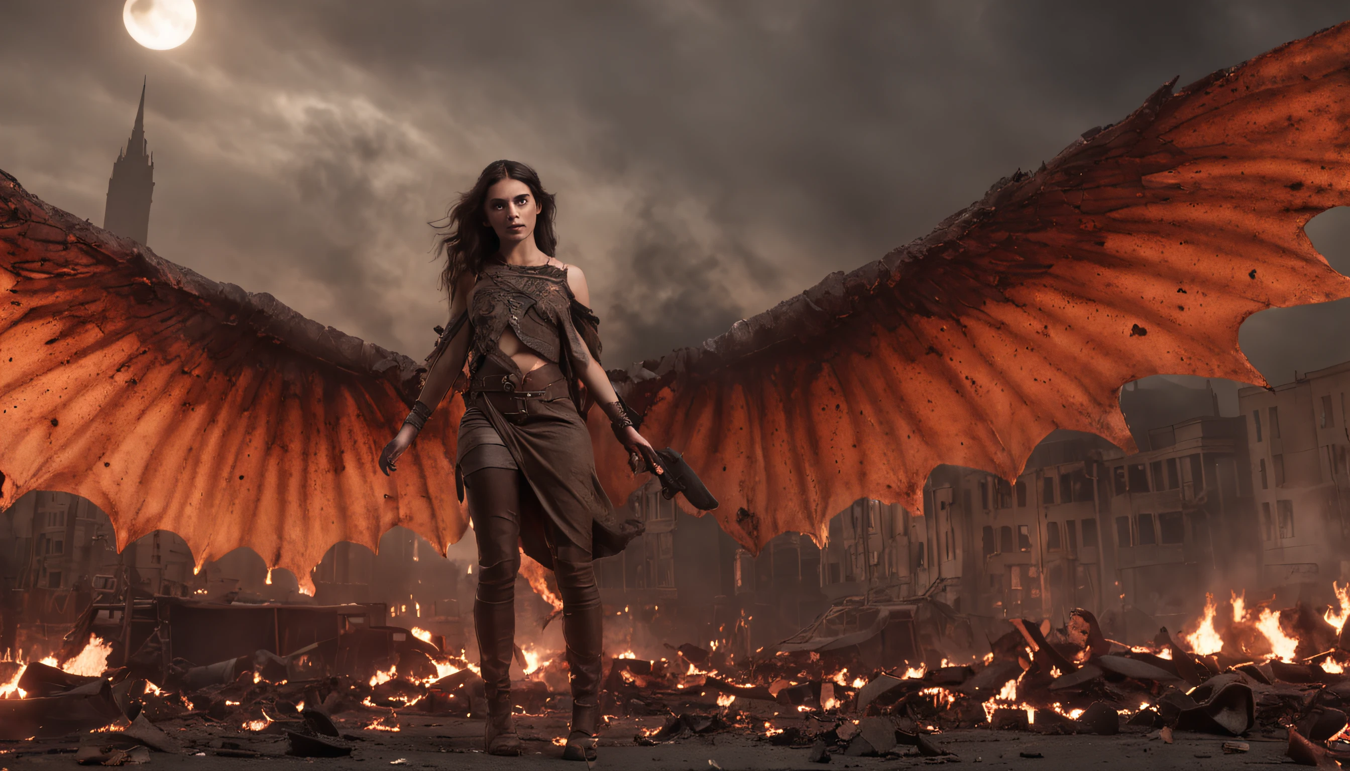 Generate a dark and dramatic image of a fallen goddess, once revered but now consumed by malice and fury. She possesses magnificent and large draconic wings, now wounded, as she lies on the ground amidst the charred and ruined streets of an apocalyptic city engulfed in flames. The composition should be a wide shot, capturing the full scale of the scene. The environment should combine elements of a devastated city with collapsed skyscrapers, an apocalyptic landscape with a reddish-orange sky and engulfed structures, a post-apocalyptic urban desert where nature starts to reclaim, and a nocturnal setting with a moon illuminating the city through ominous clouds. Ensure the goddess is the central focus, utilizing contrasts of light and shadow. Incorporate red and orange tones to create a fiery and desolate atmosphere. Integrate shattered statues and fallen symbols within the ruins to evoke a sense of loss. Enhance the ambiance with drifting smoke and ashes in the air. Populate the background with subtle silhouettes of onlookers, gazing in awe or fear. Add glimmers of light to accentuate the texture and radiance of her wings. The image should have a resolution of 3000x2000 pixels in PNG format with a color depth of 16 bits. Implement a diverse range of details in textures and elements using normal maps. Utilize dynamic lighting techniques to emphasize key aspects of the scene. The virtual camera should have a slight tilt to generate depth and perspective