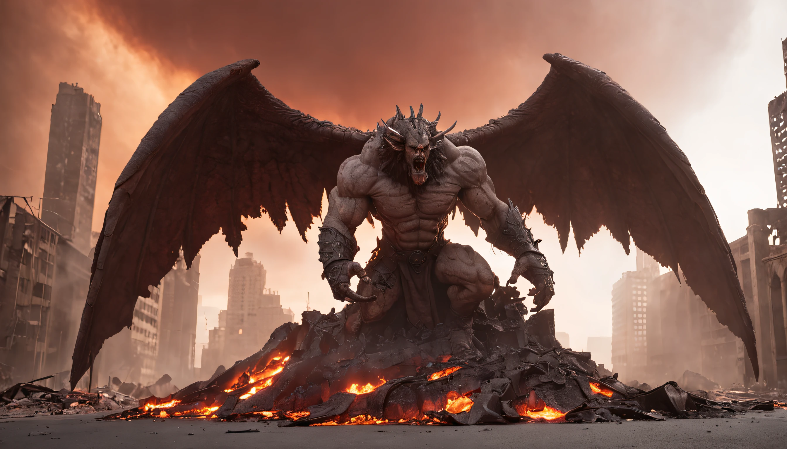 Generate a dark and dramatic image of a fallen goddess, once revered but now consumed by malice and fury. She possesses magnificent and large draconic wings, now wounded, as she lies on the ground amidst the charred and ruined streets of an apocalyptic city engulfed in flames. The composition should be a wide shot, capturing the full scale of the scene. The environment should combine elements of a devastated city with collapsed skyscrapers, an apocalyptic landscape with a reddish-orange sky and engulfed structures, a post-apocalyptic urban desert where nature starts to reclaim, and a nocturnal setting with a moon illuminating the city through ominous clouds. Ensure the goddess is the central focus, utilizing contrasts of light and shadow. Incorporate red and orange tones to create a fiery and desolate atmosphere. Integrate shattered statues and fallen symbols within the ruins to evoke a sense of loss. Enhance the ambiance with drifting smoke and ashes in the air. Populate the background with subtle silhouettes of onlookers, gazing in awe or fear. Add glimmers of light to accentuate the texture and radiance of her wings. The image should have a resolution of 3000x2000 pixels in PNG format with a color depth of 16 bits. Implement a diverse range of details in textures and elements using normal maps. Utilize dynamic lighting techniques to emphasize key aspects of the scene. The virtual camera should have a slight tilt to generate depth and perspective
