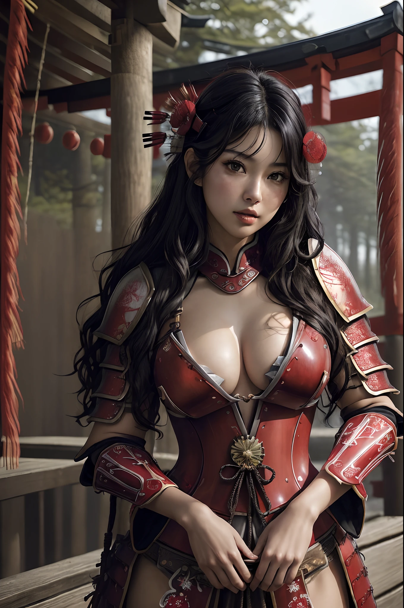 (Raw photography:1.2)、(Photo realistic:1.4)、(masterpiece:1.3)、(top-quality:1.4)、High resolution、(depth of fields)、(Detailed eye)、(detailed facial features)、(detailed clothes features)、HDR、8K、skin tightening、(shinny skin)、landscapes、Majestic、1woman、25years old、Japanese、(wavy hair:1.2)、(medium hair)、(Black hair:1.5)、(Cowboy Shot:1.5)、(Dynamic Pose)、cute little、(surprised:1.2)、hanging breasted、sagging breasts、breasts apart、(deep red Japanese armor with many decorations:1.5)、(very revealing Japanese armor:1.4)、(Open chest Japanese armor:1.4)、(background is a deep darkness deep in the forest)、
