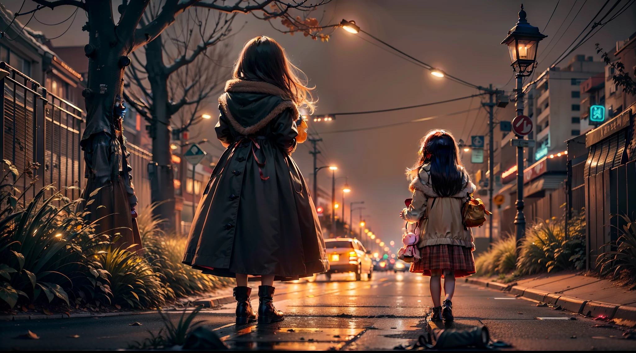 Warm colors
At night, A young girl in a winter dress holds a doll in her hand
She stood under a streetlamp on the side of the road，She looked up at the streetlight，The faint glow of the street lamp illuminated the girl，It was as if it were the light of redemption in the darkness
Next to him is the blurred back of the city，The noise of roadside cars and the glow of neon lights，Reflect the loneliness of girls