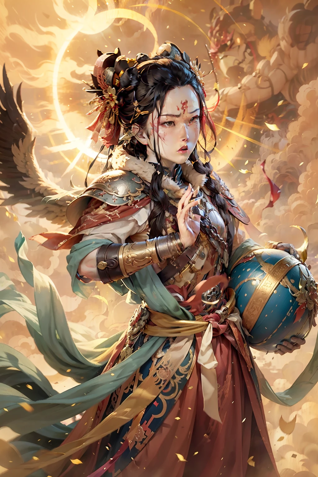 The battlefield of the Warring States period,A valiant samurai was at the forefront of the battle。He was tall and burly,The body is strong and lean,Exhibits excellent physique and strength。His complexion was tanned by the sun,Traces of several conquests are revealed。 He wears a sturdy iron helmet,The helmet is high,It is like a phoenix with its wings spread,Symbolizes glory and victory。The helmet is studded with bright rubies,Twinkle like war,It adds a mysterious majesty to him。 Samurai wore heavy iron armor,The nails are finely connected,It provides him with solid protection。The nail plate is covered with texture and engraving,Exquisite craftsmanship and attention to detail are on display。The armor exudes a faint metallic sheen,It sparkles like gold in the sun。 His face was resolute and determined,A pair of deep eyes,It contains an indomitable will。His beard is bushy,Brown hair flutters in the wind,This adds a bit of wildness to him。The scars and scars on his face bear witness to his many feats of fighting and killing enemies on the battlefield。 He wears a curved steel knife around his waist,The scabbard is engraved with a fine pattern,It reveals the identity and prestige of the samurai。Each time the knife is pulled out of its sheath,The leaves sparkle in the sun,Reflections lethal sharpness。 This samurai of the Sengoku period,This is bravery、The embodiment of tenacity and loyalty,His appearance and clothing showed his majesty and glory on the battlefield。