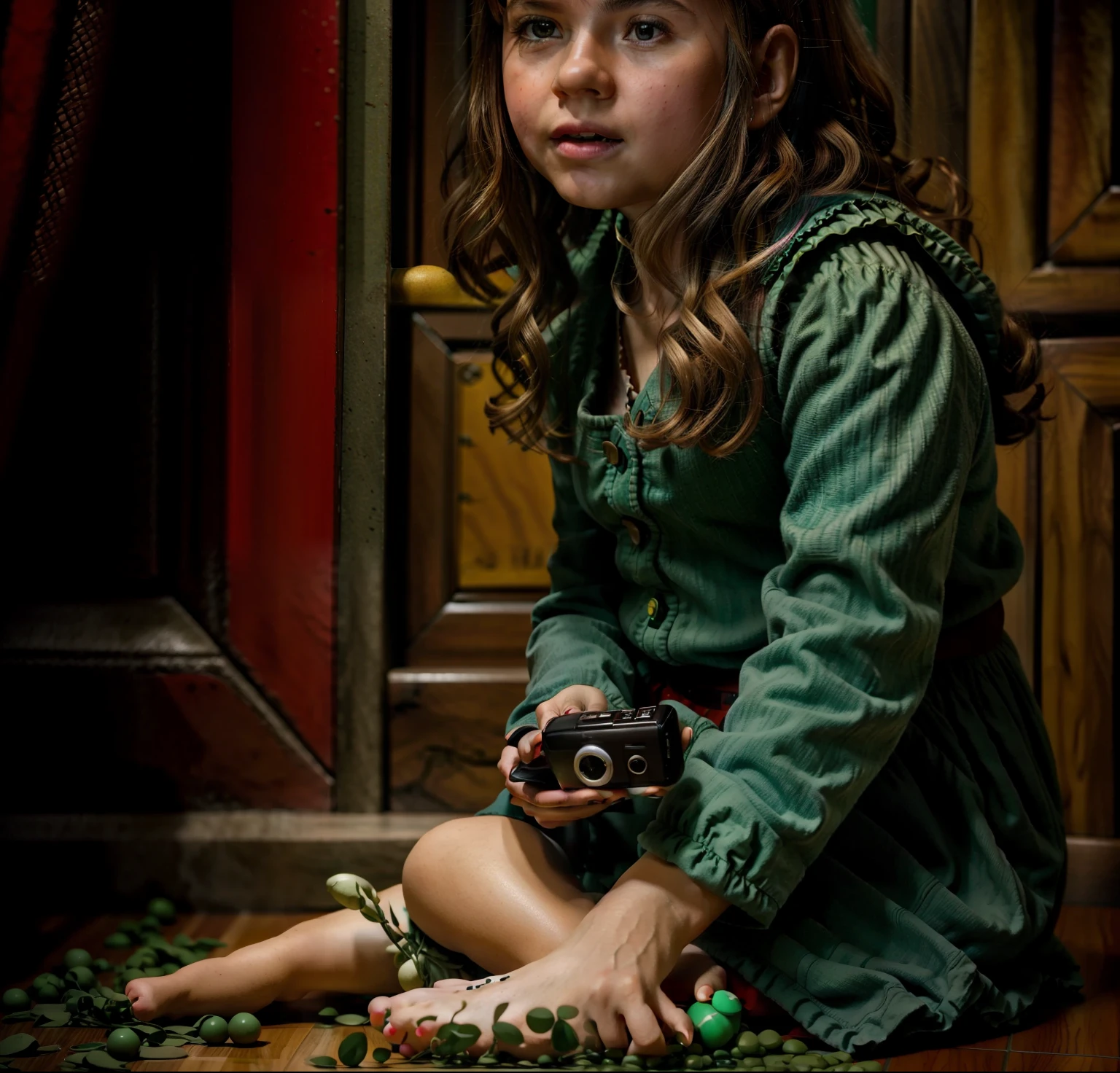 There's a girl sitting on the floor playing with a cell phone, Joaninha como um monstro, Joaninhas, joaninha, Softplay, Jogar, in an action pose, em argila, fantasia, como um personagem claymation, treinador do inseto, ladybug robots, Executar, imagem muito granulada, Hobbits Joaninha, Imagens granuladas