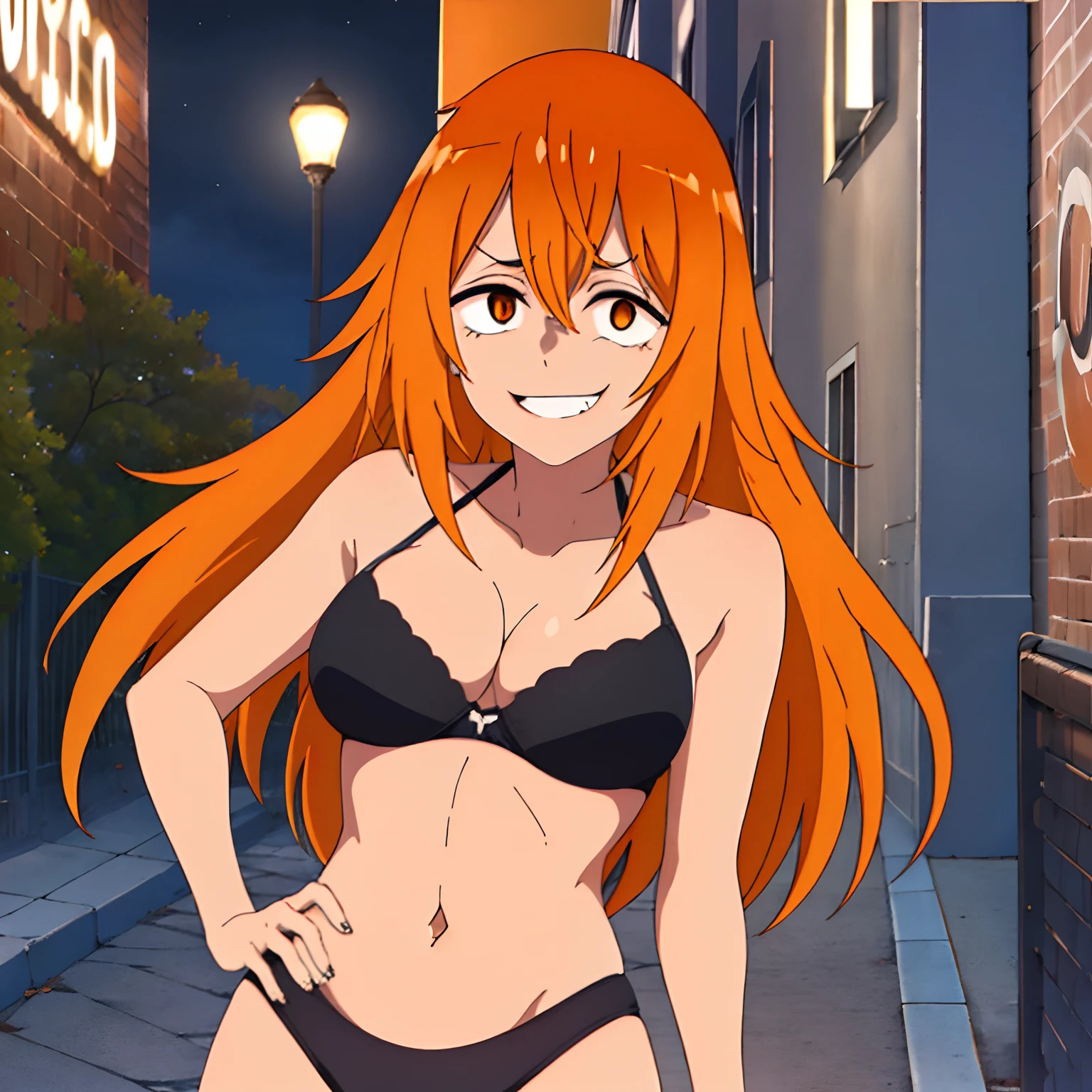 1girl, solamente,(de pie mirando al espectador), Black bra, bragas negras, ((pechos enormes)) , Ciudad_street alley, Obra maestra, Ilustraciones profesionales, Obras de arte famosas, Cara perfecta, cabello naranja, (ojos naranjas:1), Cara hermosa, sonrisa malvada, ((cuerpo femenino perfecto, cintura estrecha)), lluvia de fondo por la noche ,