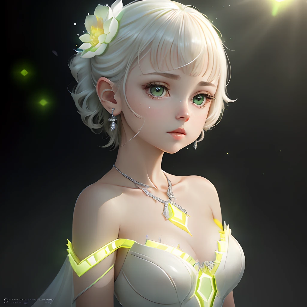 Lime yellow, Platinum Earrings, Platinum Necklace, White Dress, 1woman in, Cute, (Dynamic lighting:1.2), Cinematic lighting, Delicate facial features, Detailed eyes, Sharp pupils, Realistic pupils, depth of fields, Bokeh, Sharp Focus, (ultra-detailliert, bloom, Glow:1.4), Many Small Gems,( full body)