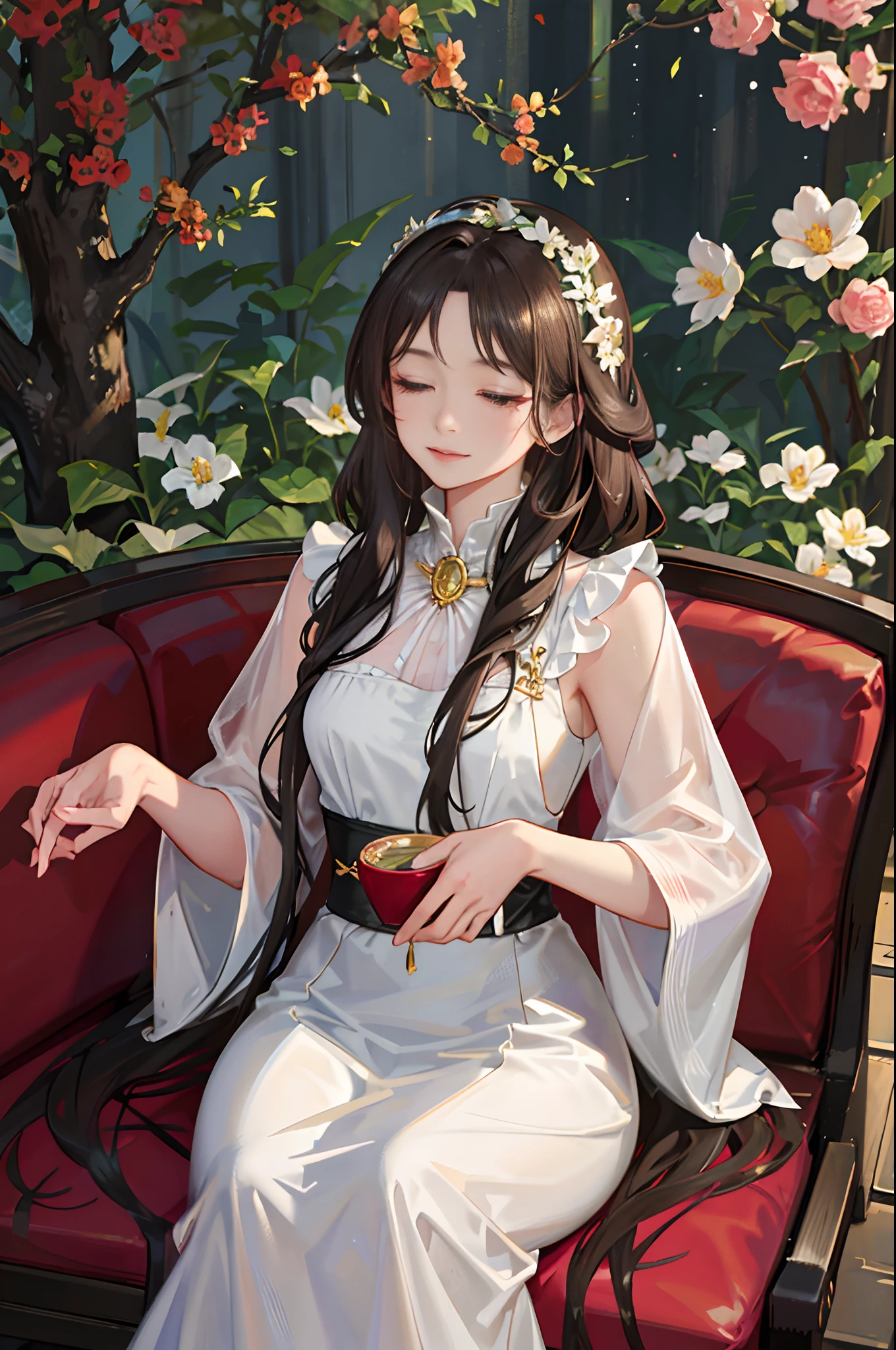 an elegant young woman sitting on a wrought iron bench in the center of a lush garden. The garden should be filled with colorful flowers and greenery, creating a vibrant and serene atmosphere. The woman should have long, flowing brown hair, styled in loose curls that fall gently down her back. She should be wearing a flowing white dress with delicate lace accents, which floats around her as she sits on the bench. In her left hand, the woman should be holding a leather-bound book with gilded pages, as if she were in the middle of reading it. Her right hand should be resting gently on a small, ornate table that is positioned next to the bench. On the table, there should be a vase of freshly cut flowers, with bright red and yellow petals that perfectly complement the surrounding flora. Next to the vase, there should be a small cup of steaming tea, emitting fragrant steam that curls up into the air. The woman should have a serene expression on her face, as if she is completely at peace and enjoying the natural beauty around her. Her eyes should be closed, as if she is savoring the aroma of the flowers and the warm breeze on her skin. The overall image should convey a sense of tranquility and contentment