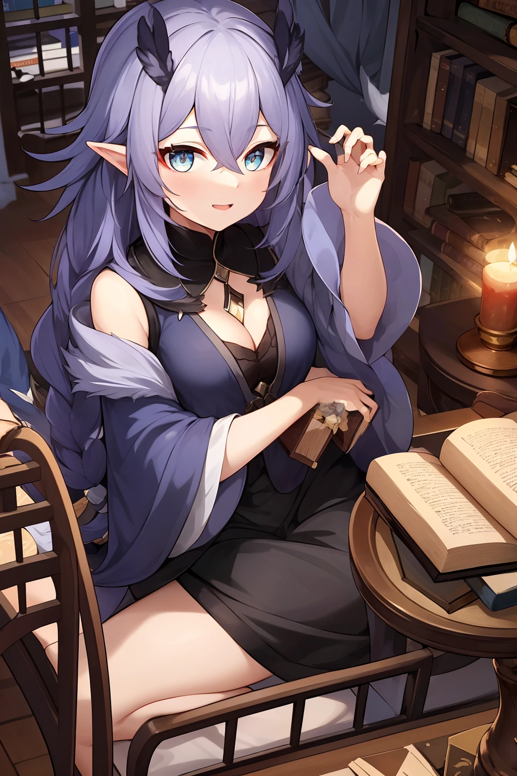 A beautiful sorceress woman looks forward with a black cat in a dark scary room and old books of fear