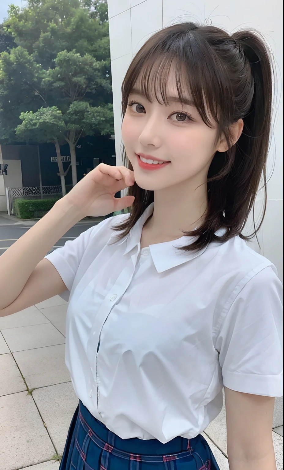 ((top-quality、8K、Master pie:1.3))、1girl in、Beautiful woman with slim abs accent:1.3、Super detail face、Elaborate Eyes、二重まぶた、full body Esbian、poneyTail、20yr old、is shy、Brown hair、street、erotick、エロ、alluring gaze、Summer clothing、skirt by the、A smile、Opens mouth and laughs、with her mouth open