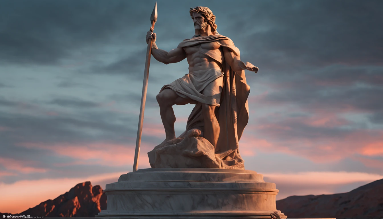 Statue of a powerful Greek warrior, marble, with arms crossed, theatrically lit up at night, in the style of Gérôme and Boris Vallejo.