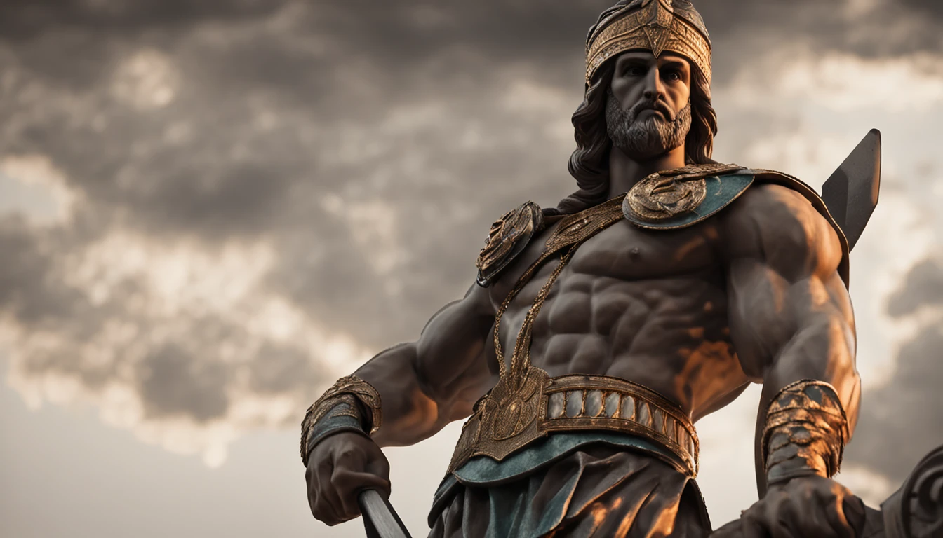 Statue of a powerful Greek warrior, marble, with arms crossed, theatrically lit up at night, in the style of Gérôme and Boris Vallejo.