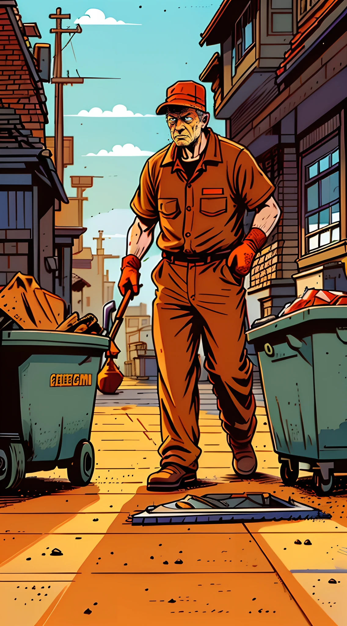 An old sweeper man in an orange suit is a very tired sweeper cleaning the street with a broom, a trash can on the side of the street