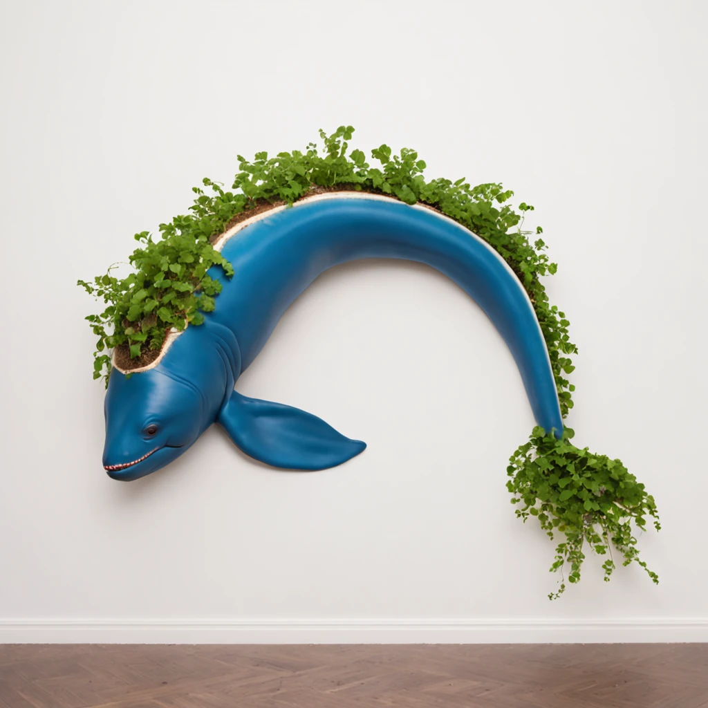 White background, blue whale with a tree on its back, solid color, simple
