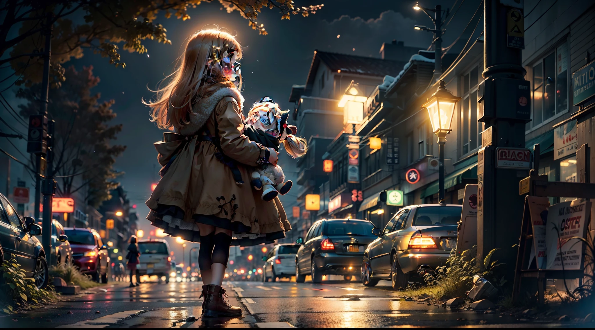 Warm colors
At night, A young girl in a winter dress holds a doll in her hand
She stood under a streetlamp on the side of the road，She looked up at the streetlight，The faint glow of the street lamp illuminated the girl，It was as if it were the light of redemption in the darkness
Next to him is the blurred back of the city，The noise of roadside cars and the glow of neon lights，Reflect the loneliness of girls