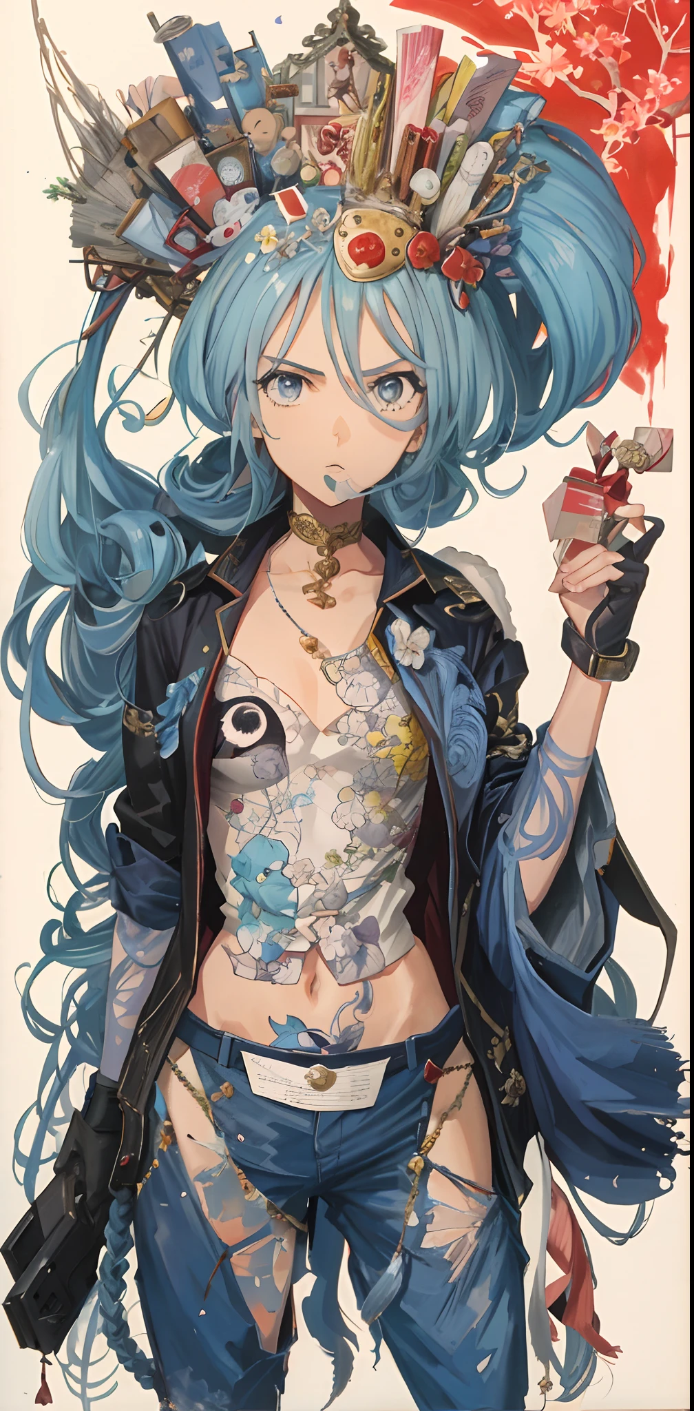 Ultra-high definition 2D art, close-up (1 woman), light blue hair, 2D animation style, soft and delicate depiction, attention also on her full-body tattoos (full-body art), landscape mode, masterpieces by Guweiz and James Jean, tattoo expert designs by CGSCOSITY, etc. A beautiful blue-haired girl who became a hot topic at the trend art station of Japan.