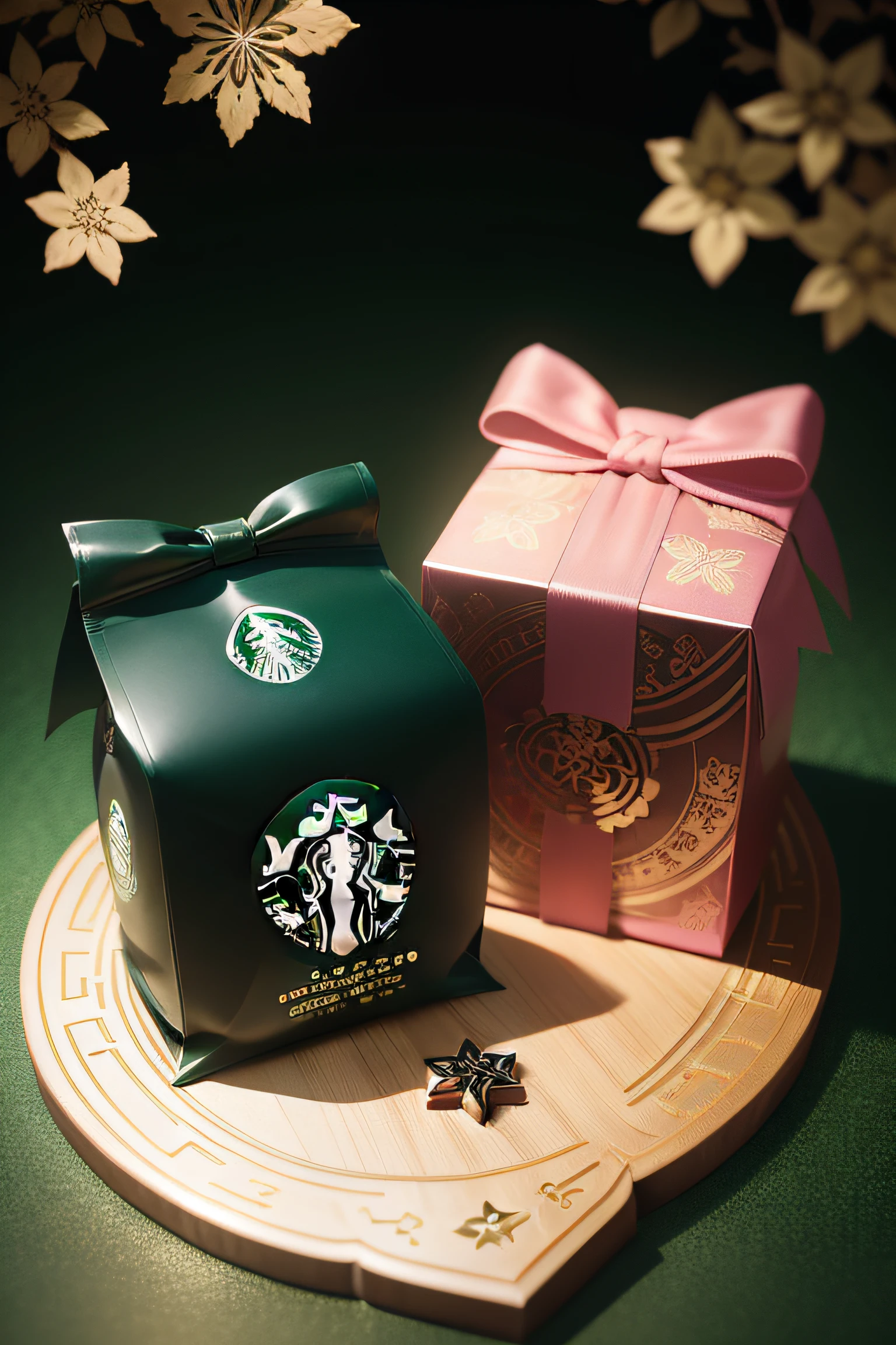 Dark green background,Pink mooncakes,Tanabata theme elements,Very luxurious mooncake packaging,Sprinkled with coffee beans,Starbucks packages mooncakes,Starbucks logo,Green background,photorealestic,Realiy,Creative photography,Expensive appearance,incredulous
