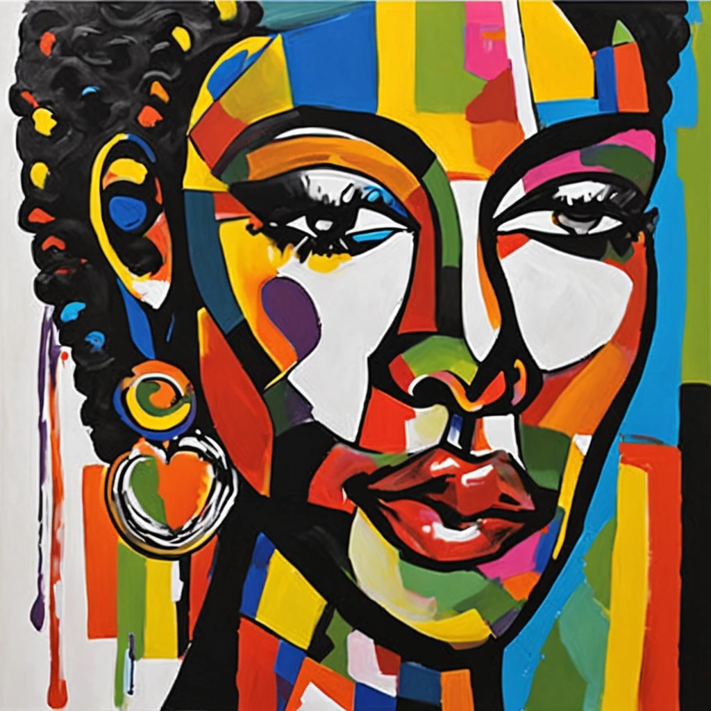 Pintura facial de uma mulher negra, AfrO-BRAZILIAN ethnic race, com um fundo colorido, face abstrata, retrato abstrato, rosto estilizado, Pintura Pop Art, Rosto detalhado altamente expressivo, face feminina expressiva, inspirado em Picasso, uma pintura pop art, pintura bonita expressiva, rosto detalhado de uma mulher de UMA CASTA AFROBRASILEIRA, Detailed expression, estilo picasso, estilo cubismo