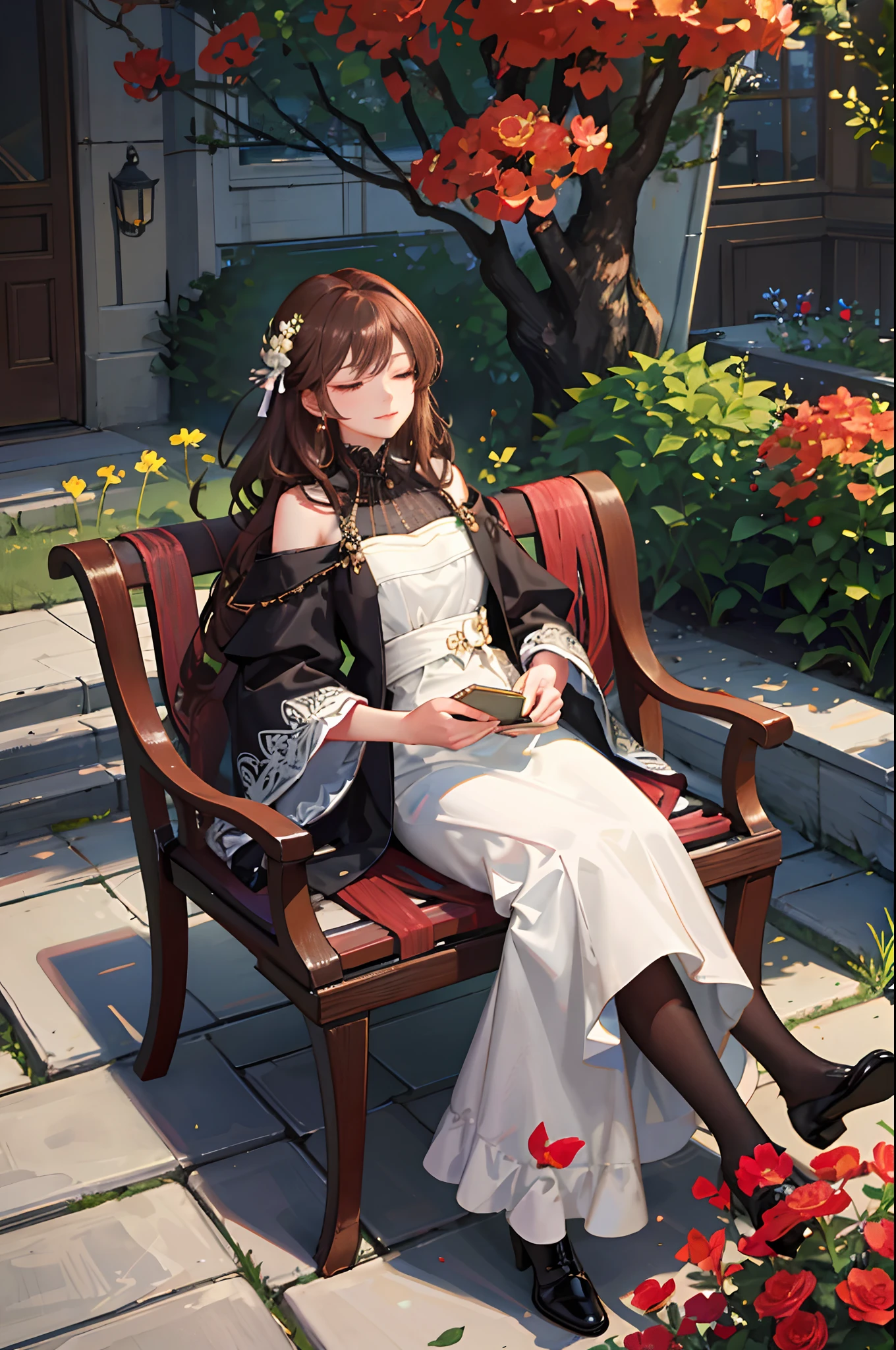 an elegant young woman sitting on a wrought iron bench in the center of a lush garden. The garden should be filled with colorful flowers and greenery, creating a vibrant and serene atmosphere. The woman should have long, flowing brown hair, styled in loose curls that fall gently down her back. She should be wearing a flowing white dress with delicate lace accents, which floats around her as she sits on the bench. In her left hand, the woman should be holding a leather-bound book with gilded pages, as if she were in the middle of reading it. Her right hand should be resting gently on a small, ornate table that is positioned next to the bench. On the table, there should be a vase of freshly cut flowers, with bright red and yellow petals that perfectly complement the surrounding flora. Next to the vase, there should be a small cup of steaming tea, emitting fragrant steam that curls up into the air. The woman should have a serene expression on her face, as if she is completely at peace and enjoying the natural beauty around her. Her eyes should be closed, as if she is savoring the aroma of the flowers and the warm breeze on her skin. The overall image should convey a sense of tranquility and contentment