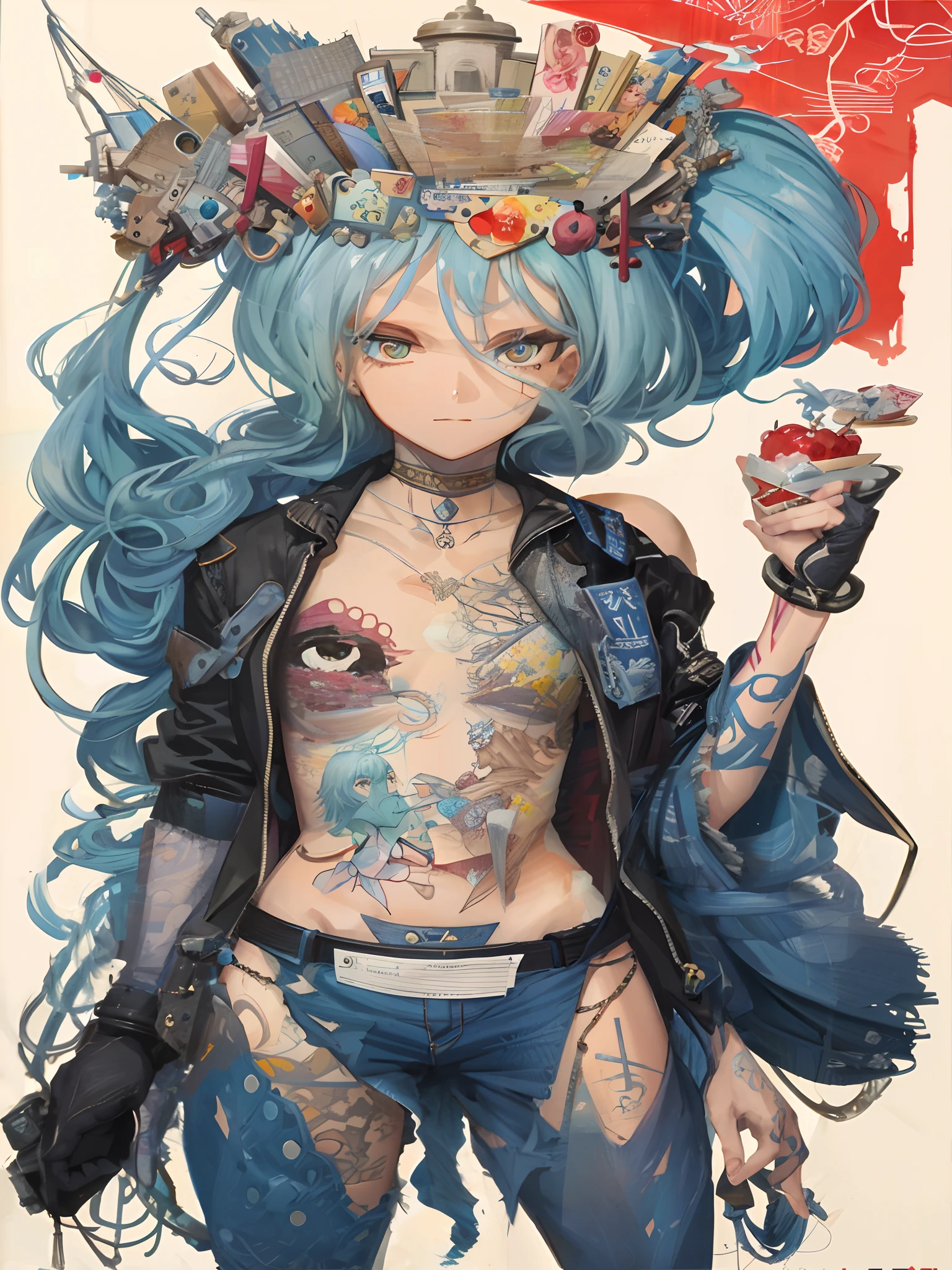 Ultra-high definition 2D art, close-up (1 woman), light blue hair, 2D animation style, soft and delicate depiction, attention also on her full-body tattoos (full-body art), landscape mode, masterpieces by Guweiz and James Jean, tattoo expert designs by CGSCOSITY, etc. A beautiful blue-haired girl who became a hot topic at the trend art station of Japan.