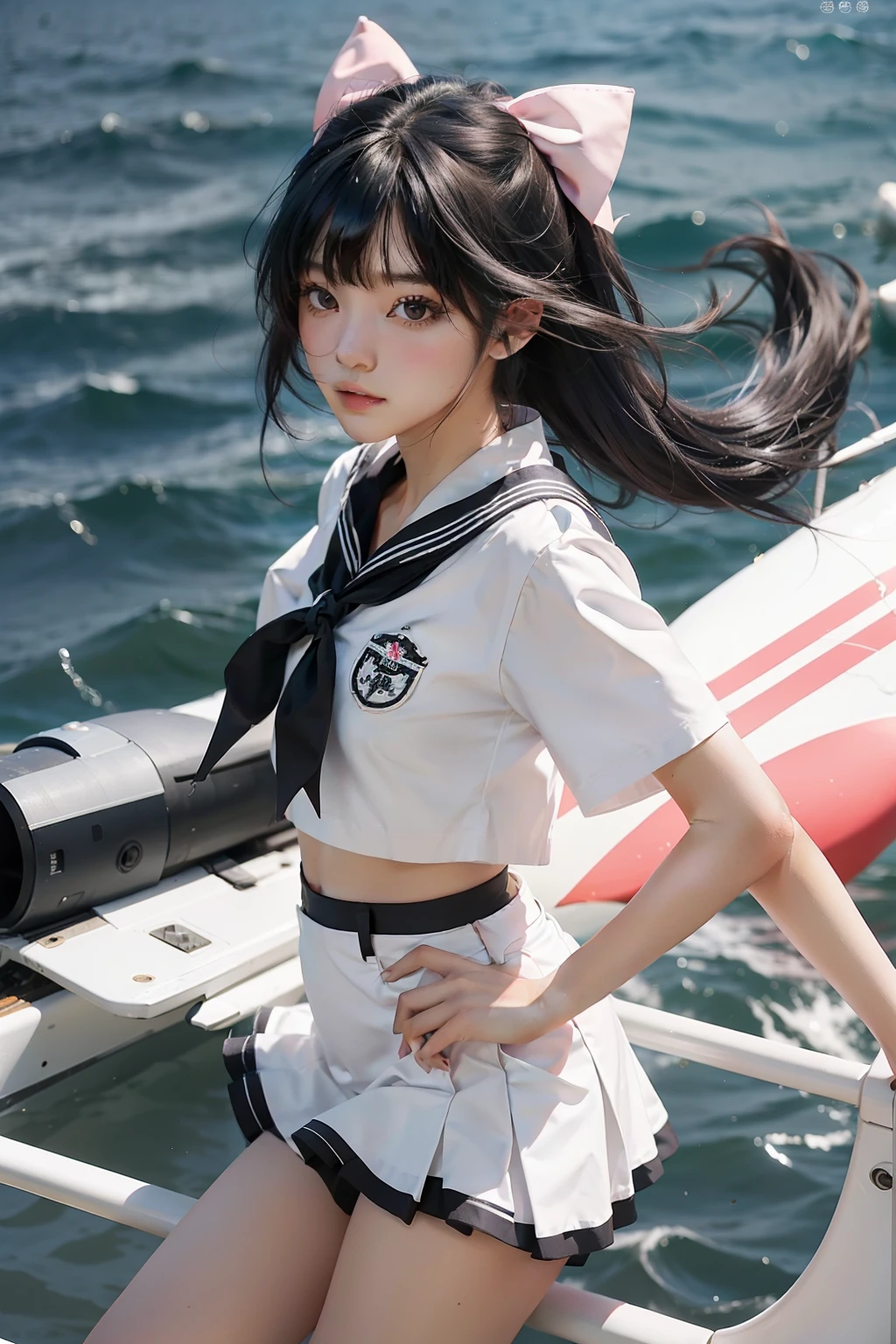 1girll,double tails,Jet-black hair,Flying,White sailor suit and short skirt,pink bows,-yeld fee model,Side,