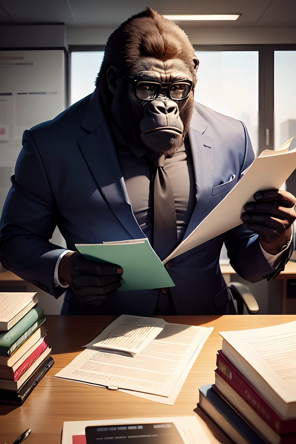 Gorilla secretary、Gorilla is sorting documents、eye glasses、Know、 BRAK 、Inside the office、Large amount of books、Work Desk、