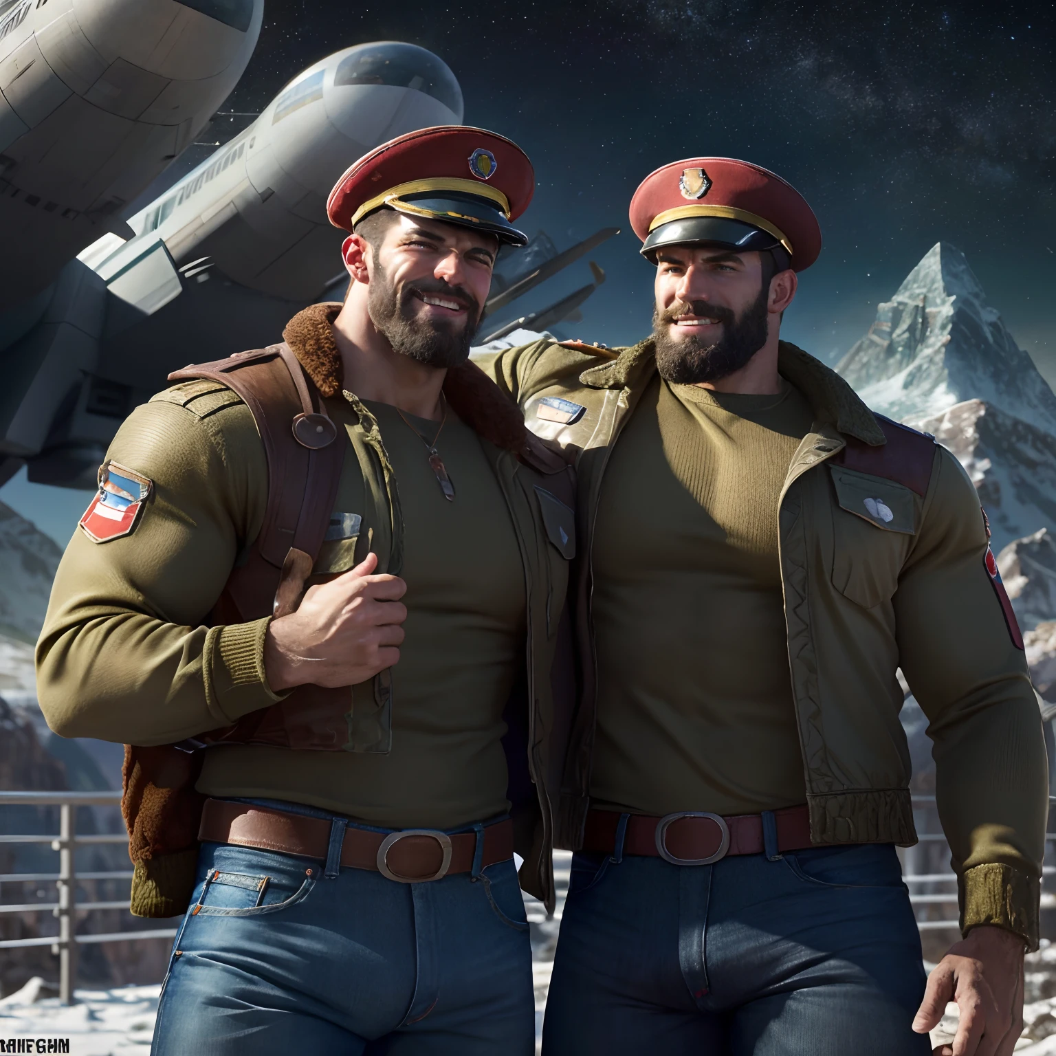 A two muscular Soviet Union soldiers on vacation, hairy body, alpha male, huge biceps, ripped abs, shaggy hair, jeans, mountain spaceport with starships, cuddle together, smile, 4k, high detailed, beautiful, dark age, art by Stanley artgerm, by Daniel f gerhartz, by pino daeni, highly detailed, sharp focus.