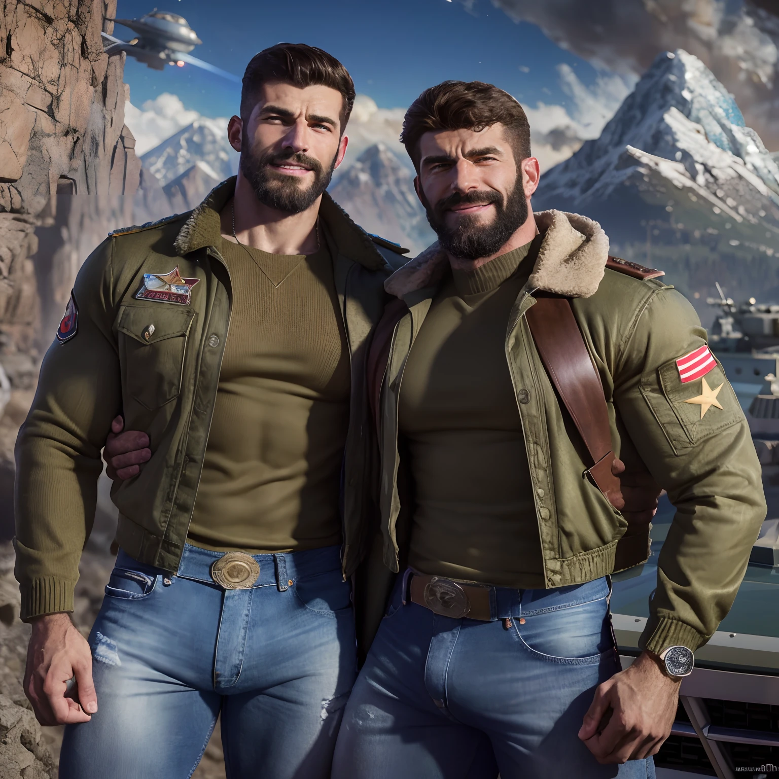 A two muscular Soviet Union soldiers on vacation, hairy body, alpha male, huge biceps, ripped abs, shaggy hair, jeans, mountain spaceport with starships, cuddle together, smile, 4k, high detailed, beautiful, dark age, art by Stanley artgerm, by Daniel f gerhartz, by pino daeni, highly detailed, sharp focus.