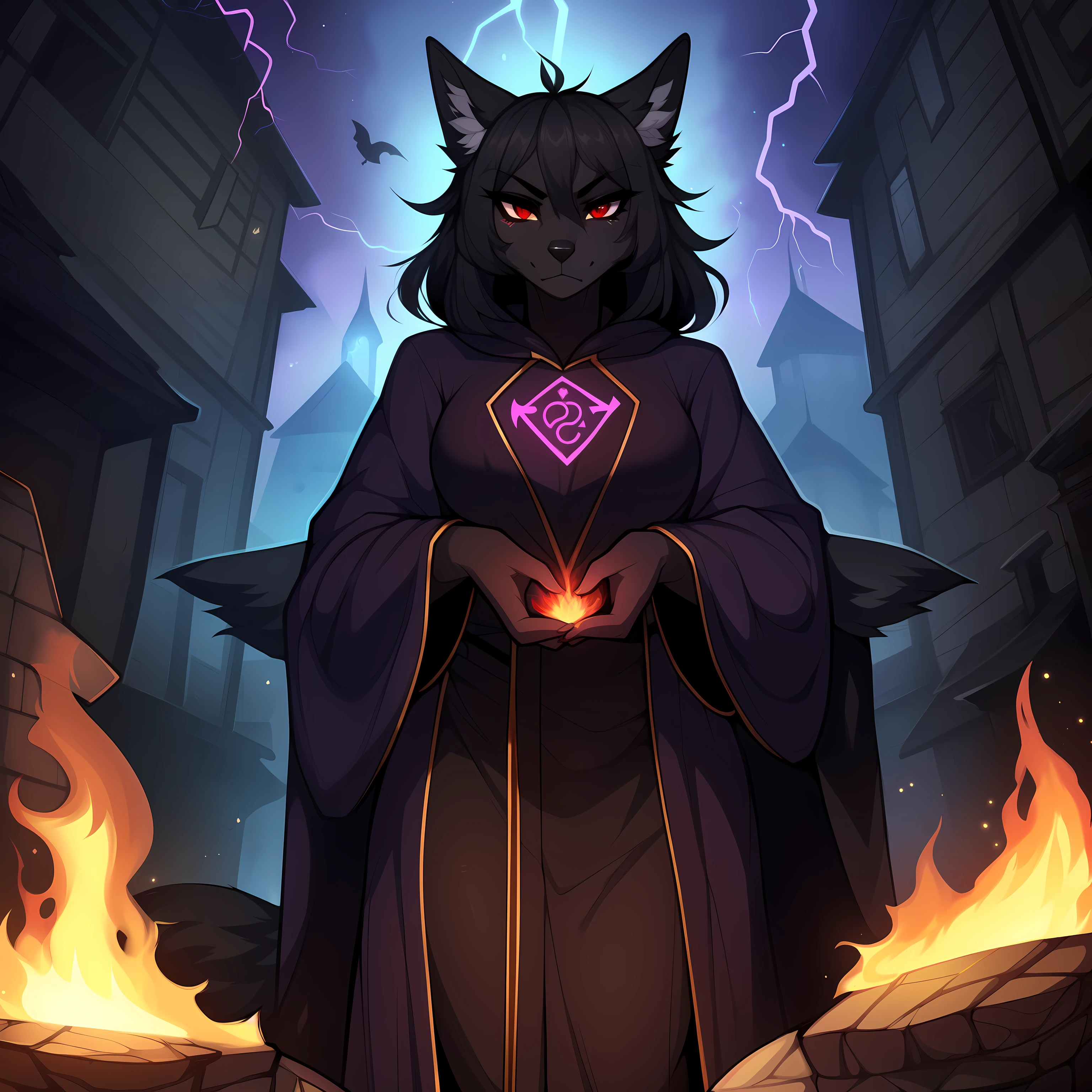 By claweddrip, by hyattlen, by fumiko, a cute female all black wolf, long black hair, black_furry_body:1.2, luminescent red eyes, fluffy black ears, black wolf tail, tall, good anatomy, highly detailed, cute snout, clearly drawn eyes, angry eyes, wearing intricate grand wizard robe, dark purple robe, runes on robe trimming, casting a powerful spell, surrounded by fire and lightning, spell casting pose, floating magic rune symbols, in a dark creepy village, spacious detailed background, good anatomy, good proportions, portrait, close up