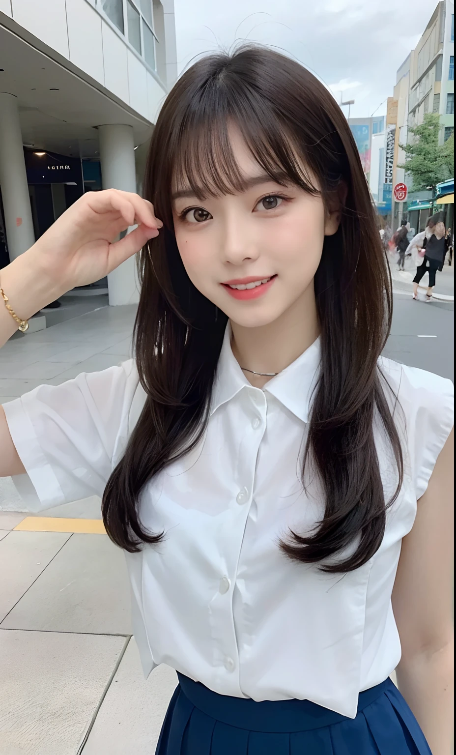 (Best Quality, masutepiece, Ultra HD: 1.3, High brightness, High color saturation), 1girl in, （middlebreasts）, light brown hair, Asymmetrical hair, straight haired, Long hair, （ slender body shape, Constricted waist）, （Ultra Fine Face）, Delicate lips, （beautidful eyes）, thin blush, eyes are brown, perfect glossy skin, View here, Smiling smile, （ hide one's hands）, （Sitting on a bench）, （thin and long legs, Thighs and toes:2.0), See-through white blouse, （Black enamel mini skirt*1.5）, （Black stockings）, (a japanese girl, hposing Gravure Idol), Broad-leaved forest, 135 mm, Fuji Film