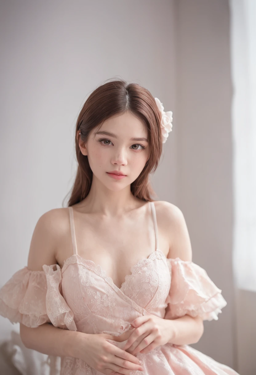 Lovely girl bedroom,solo,Look at the lens angle from the bottom up,Pink room,(modern day,Ultra-realistic display),Selfie pose,full bodyesbian,Soaked white corset,Black stockings,nsfw,Hands on your back,New skin,exquisite collarbone