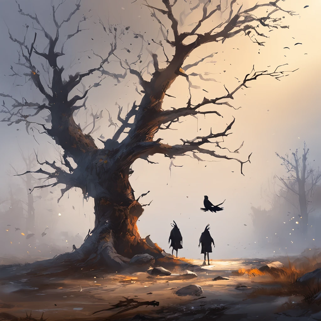 Two crows on a dead tree, A shadow shaped like a walker, Starry night, Thick fog on the ground, Blue light on the horizon, Unreal Engine 5, Cinematic, low angle photography, Motion blur, Depth of field, Dust, Cobblestones and dirt. Splash Art, dripping paint. Perfect color grading. Influenced by Karel Appel and Jeremy Mann, Full of dramatic and threatening scenes, Hyper-detailed, Beautiful, insanely details, Intricate details, editorial photography, shot with a 50mm lens, Depth of field, Tilt Blur, Shutter speed 1/1000, f/22. Lightmaps, Super bright